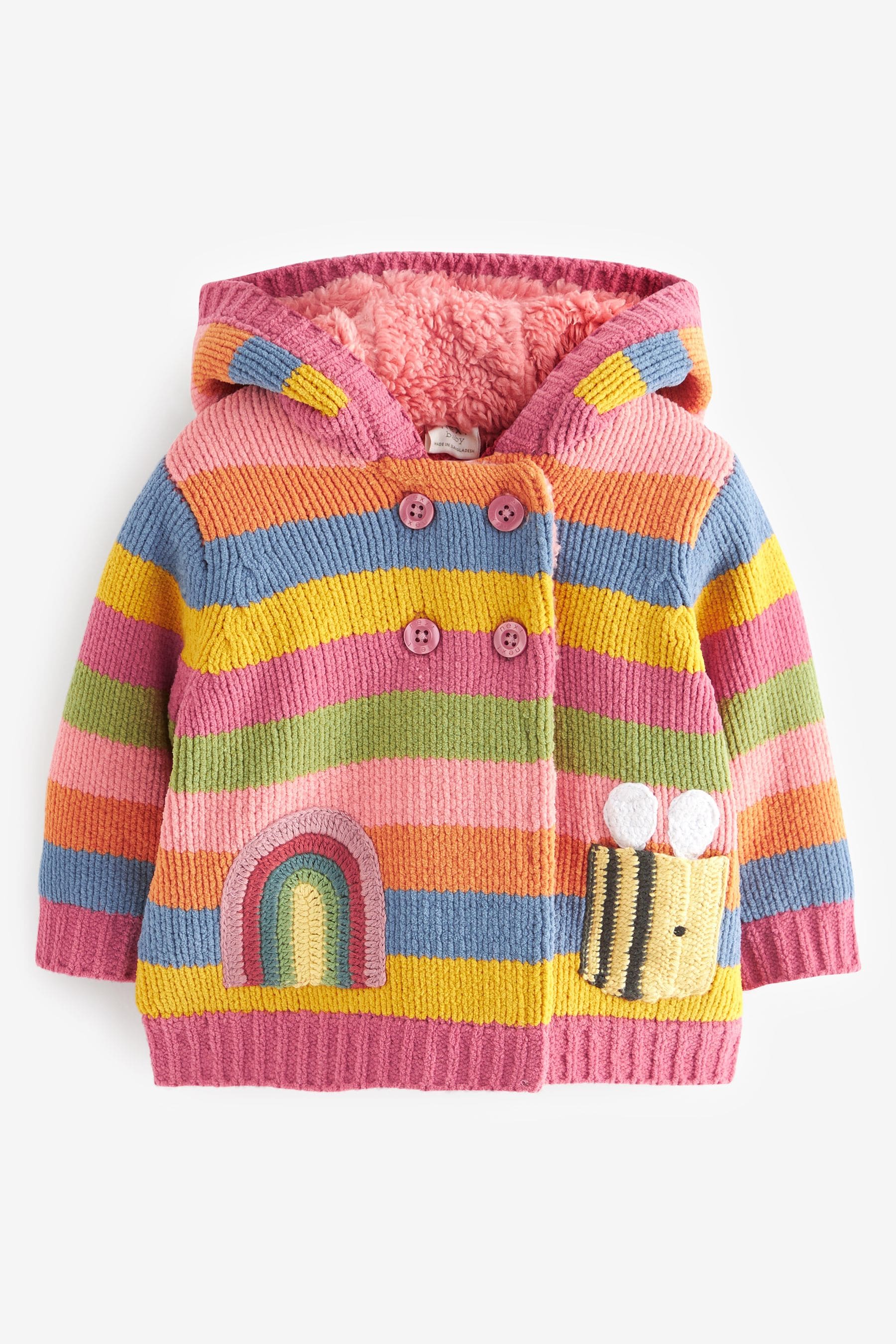 Pink/Yellow/Blue Striped Character Baby Knitted Fleece Lined Cardigan (0mths-2yrs)