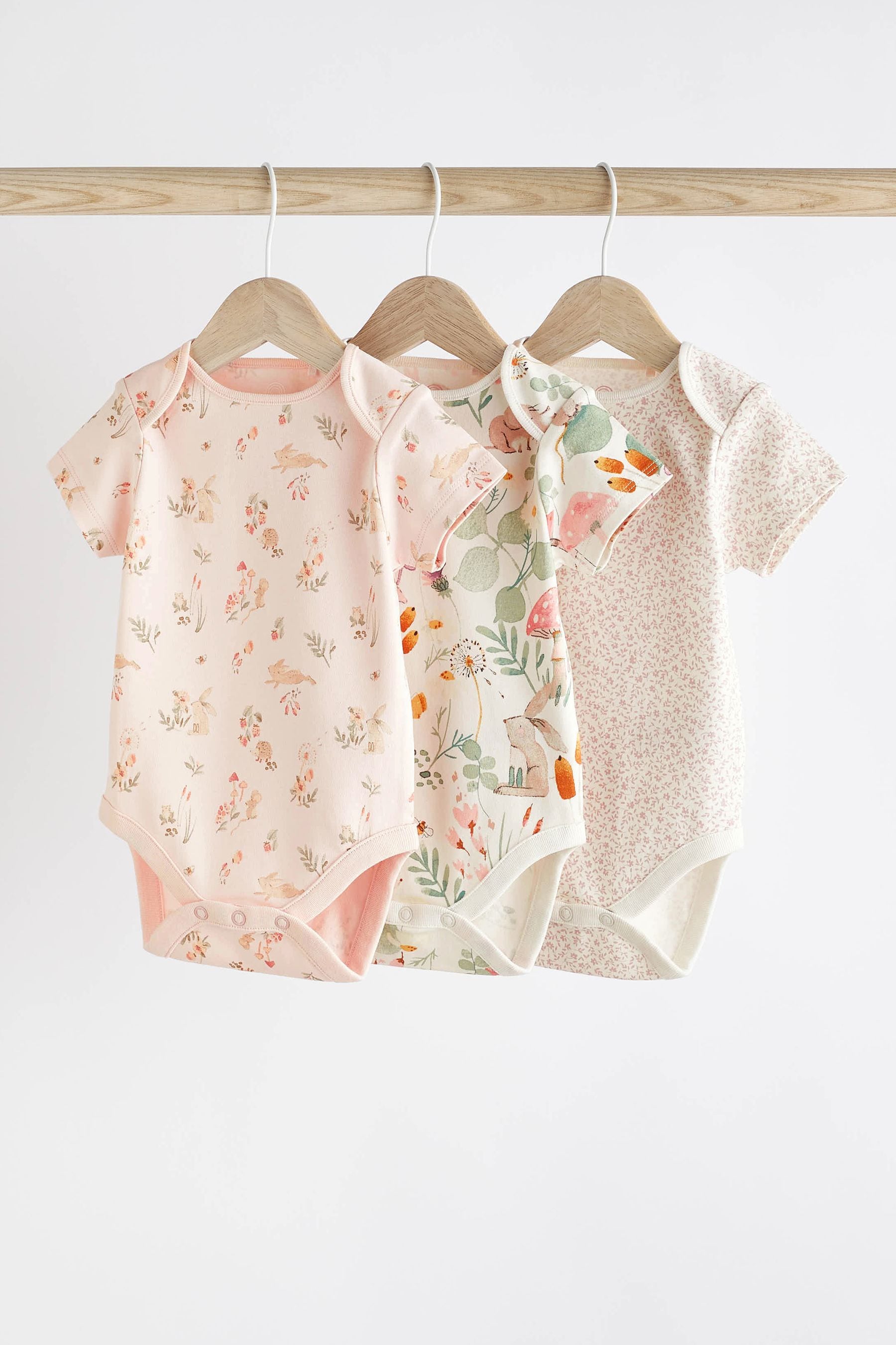 Pale Pink Floral Bunny Baby Short Sleeve Bodysuits 3 Pack