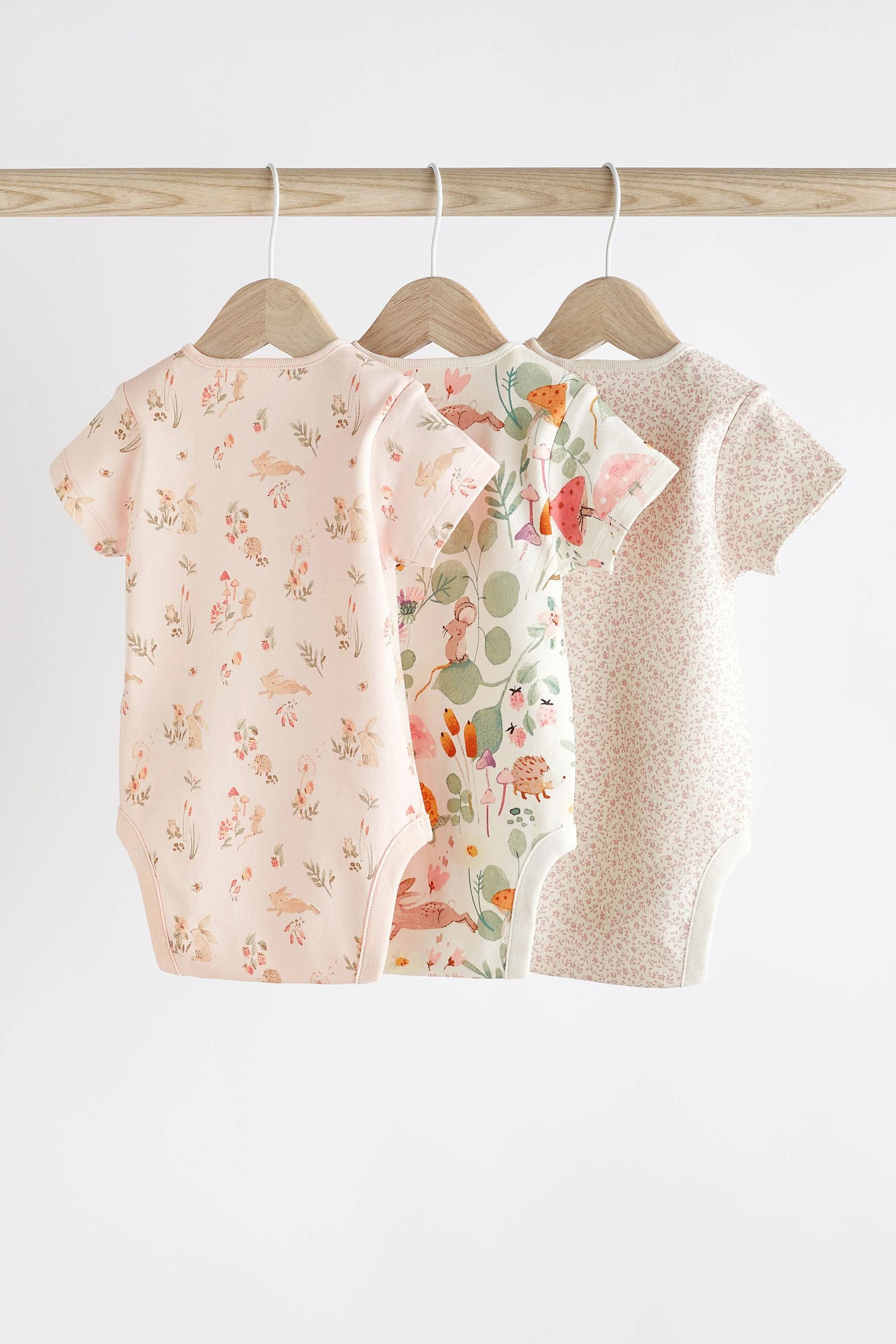 Pale Pink Floral Bunny Baby Short Sleeve Bodysuits 3 Pack