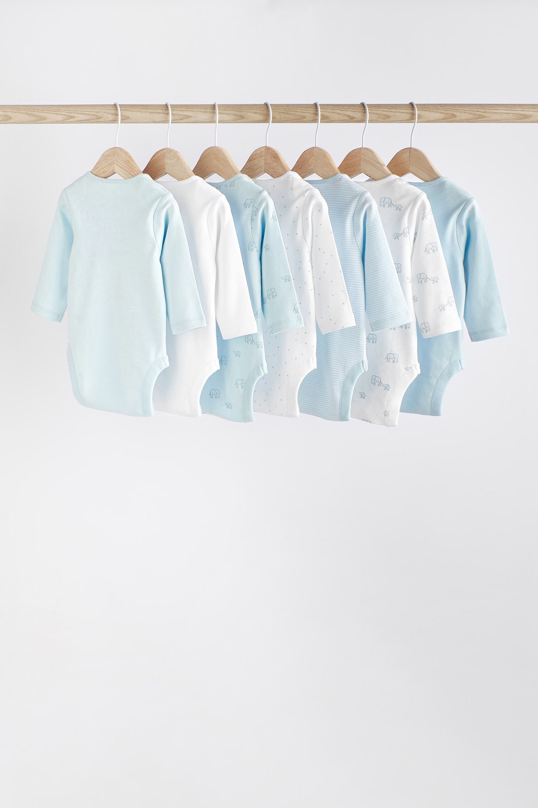 Pale Blue 7 Pack Long Sleeve Baby Bodysuits