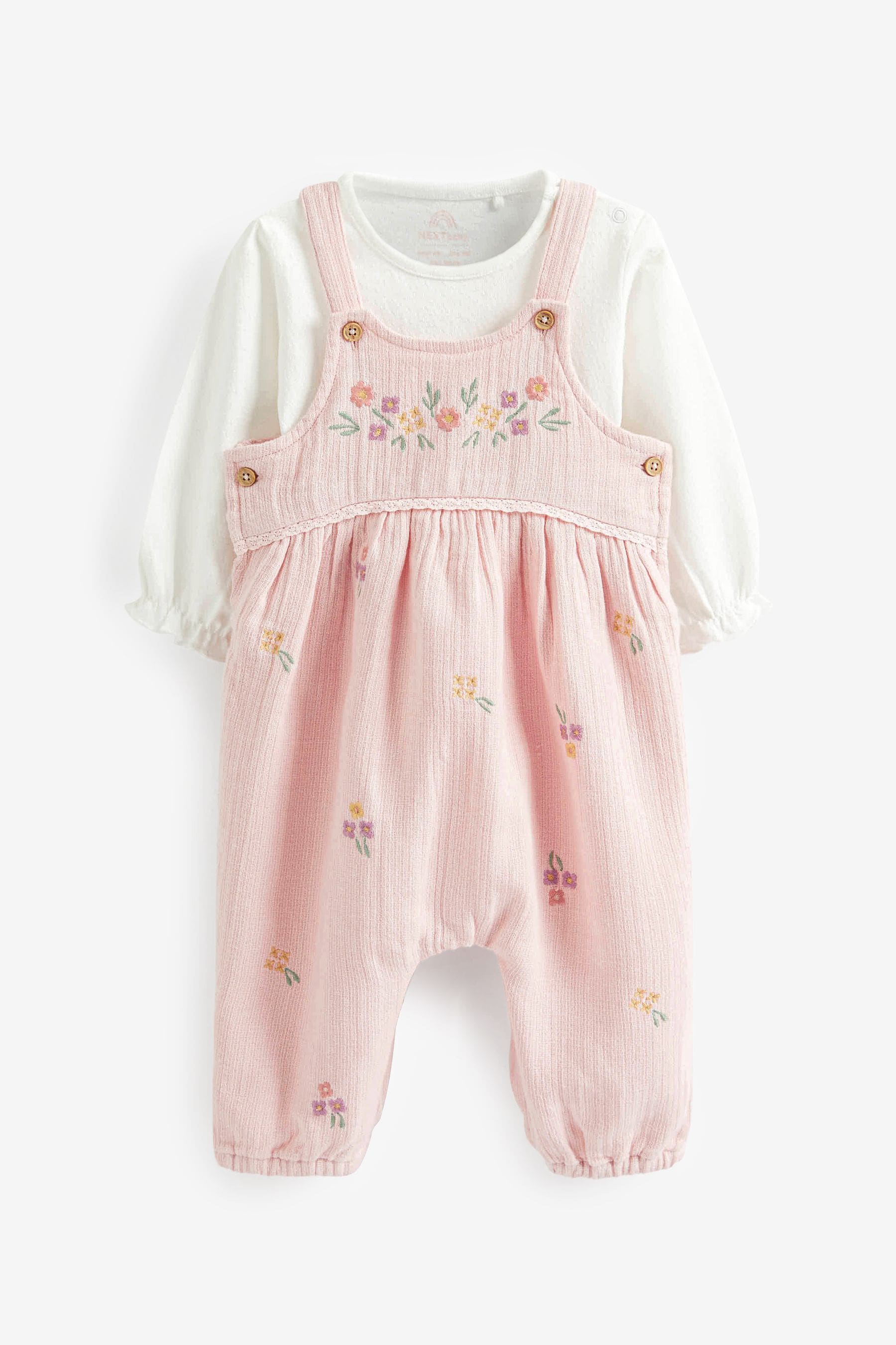 Pale Pink Baby Woven Dungarees and Bodysuit Set (0mths-2yrs)