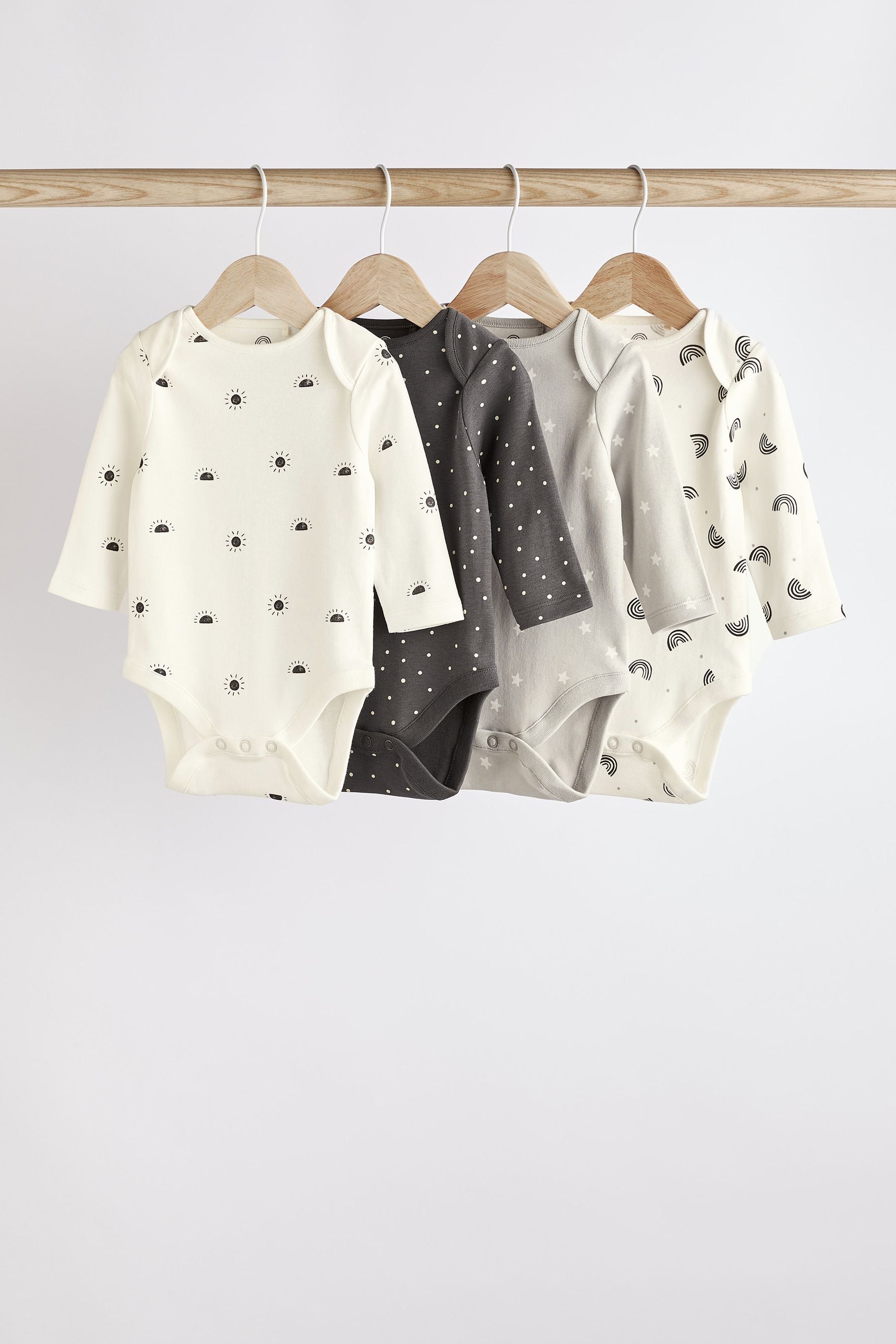 Monochrome 4 Pack Baby Printed Long Sleeve Bodysuits