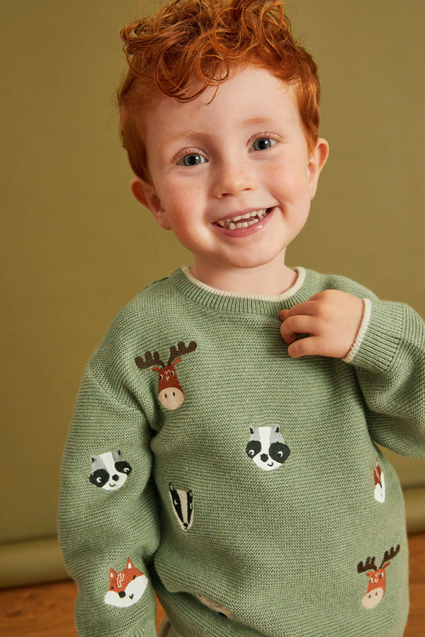 Green Woodland Animals Animal Character Crew Jumper (3mths-7yrs)