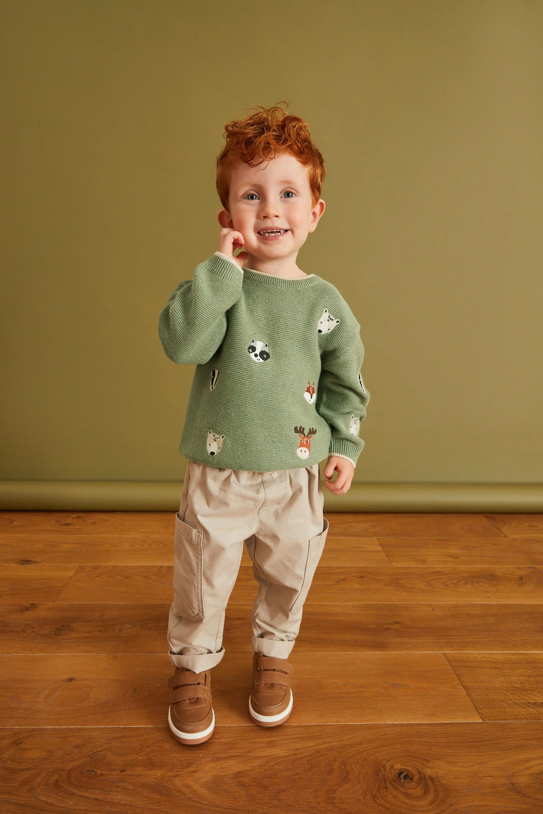 Green Woodland Animals Animal Character Crew Jumper (3mths-7yrs)