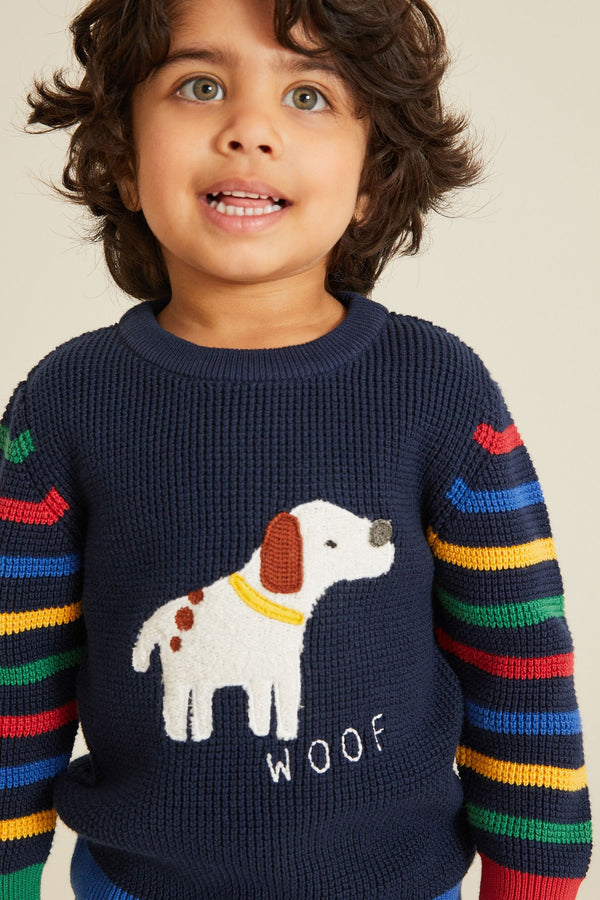 Navy Blue Dog Animal Character Crew Jumper (3mths-7yrs)