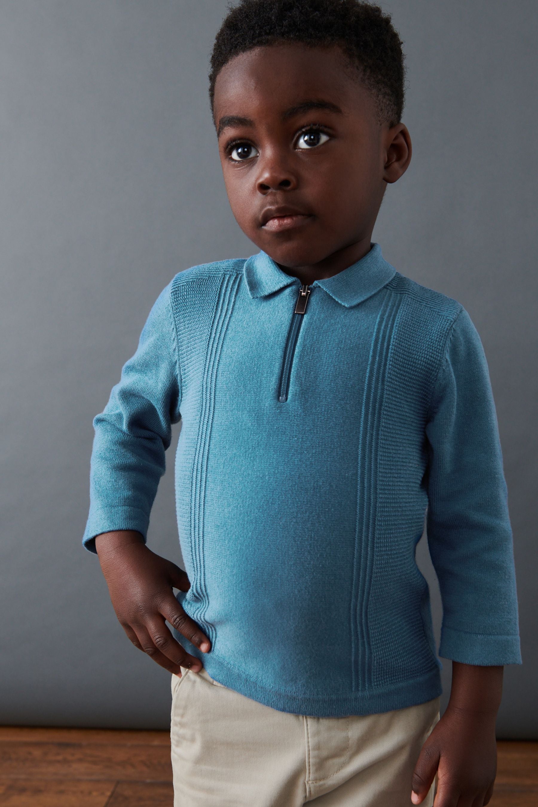 Blue Long Sleeve Zip Neck Textured Polo Shirt (3mths-7yrs)