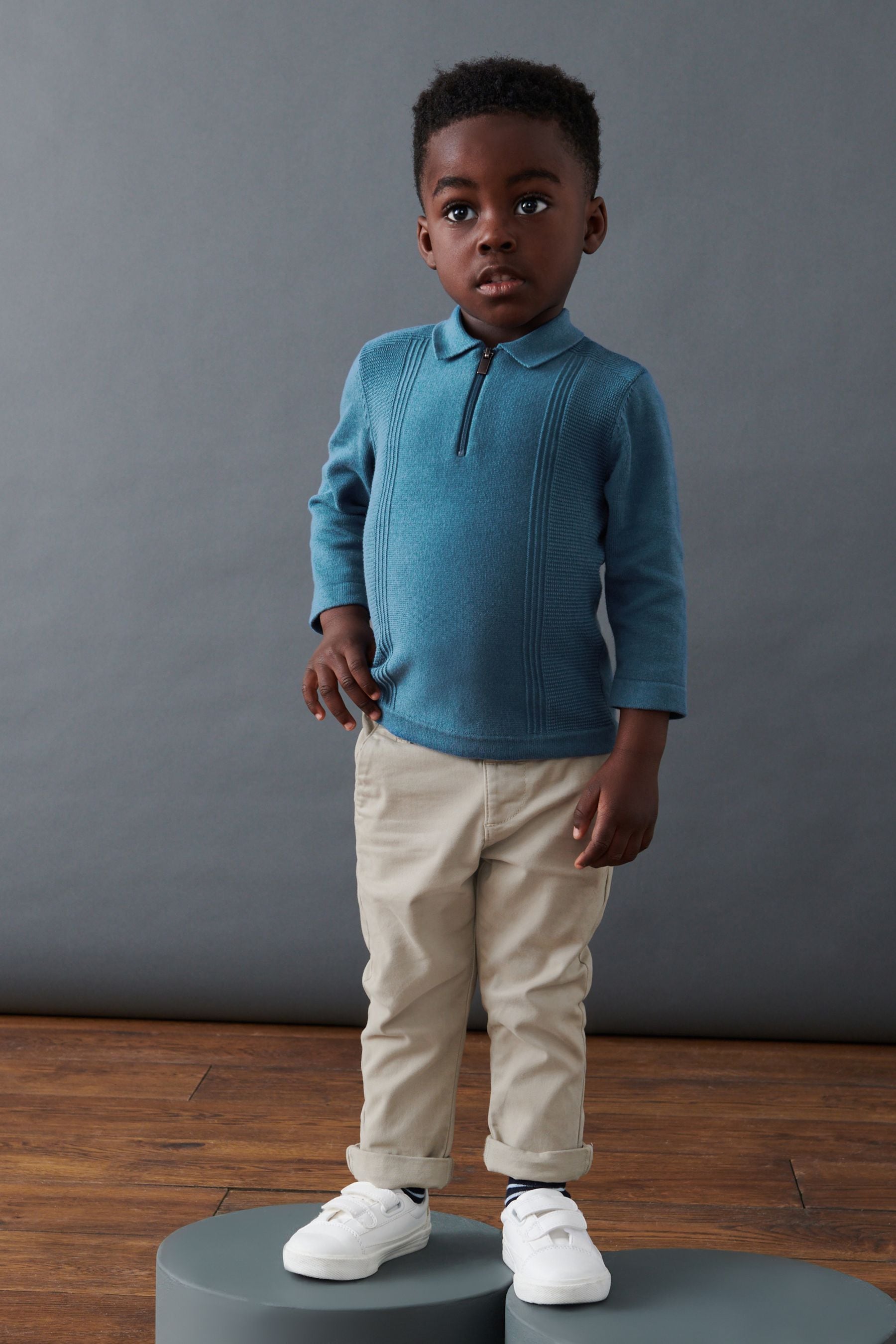 Blue Long Sleeve Zip Neck Textured Polo Shirt (3mths-7yrs)