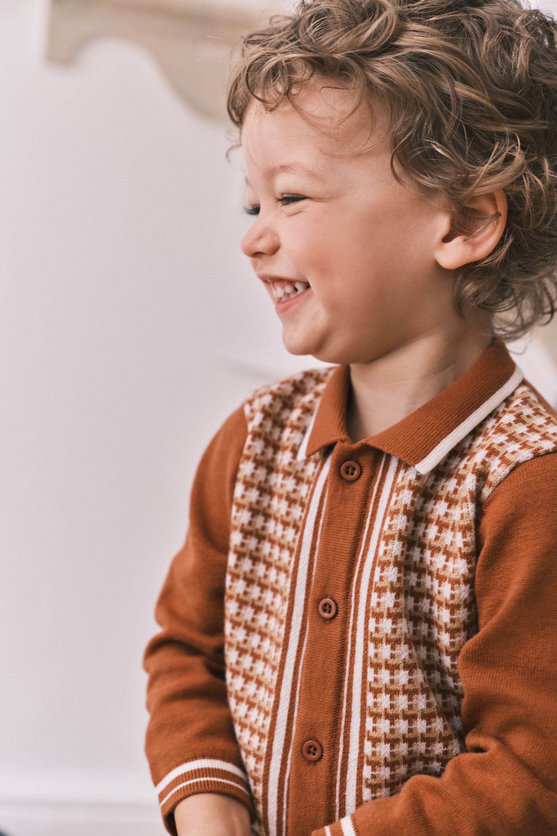 Rust Brown Geometric Long Sleeve Patterned Knit Polo Shirt (3mths-7yrs)