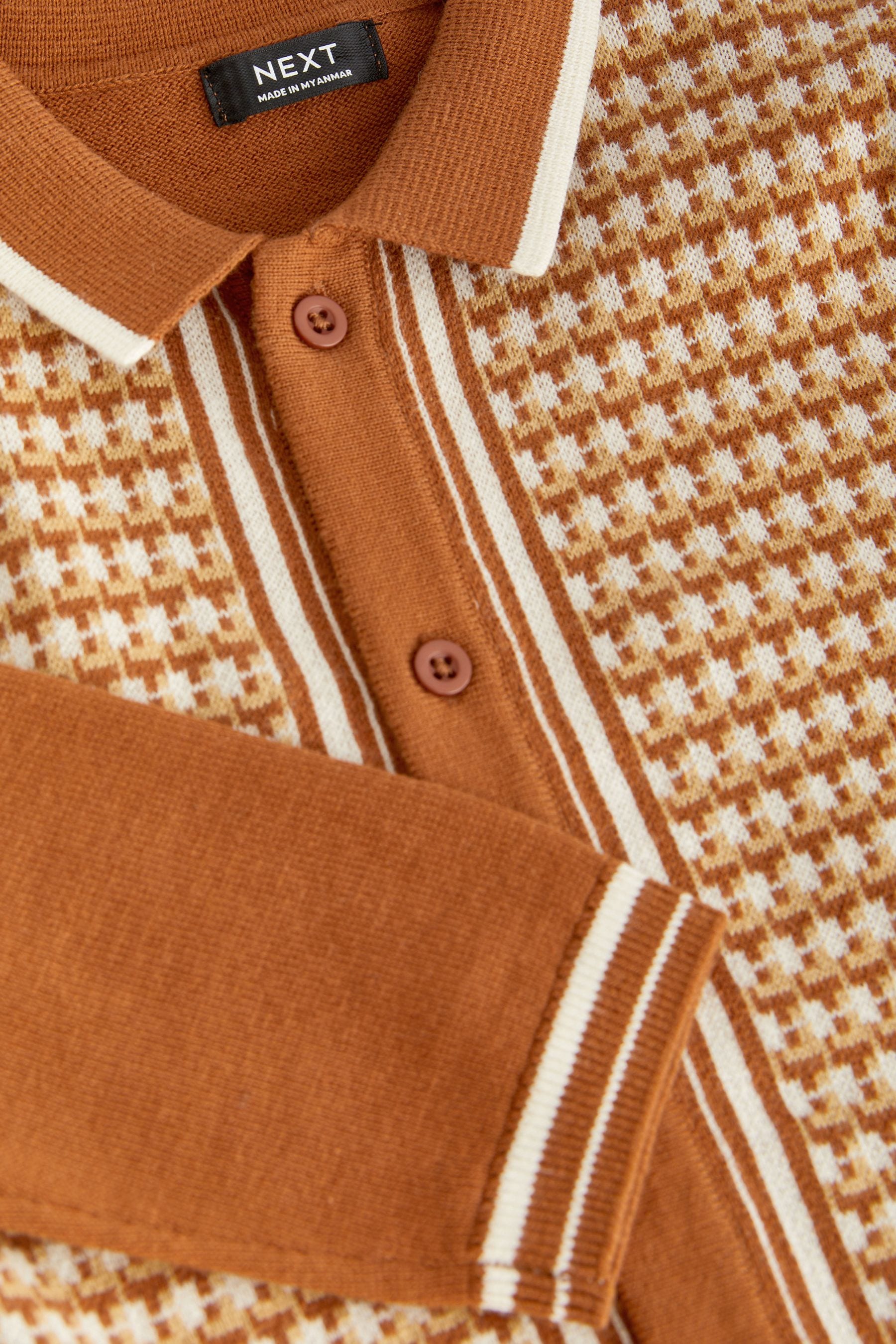 Rust Brown Geometric Long Sleeve Patterned Knit Polo Shirt (3mths-7yrs)