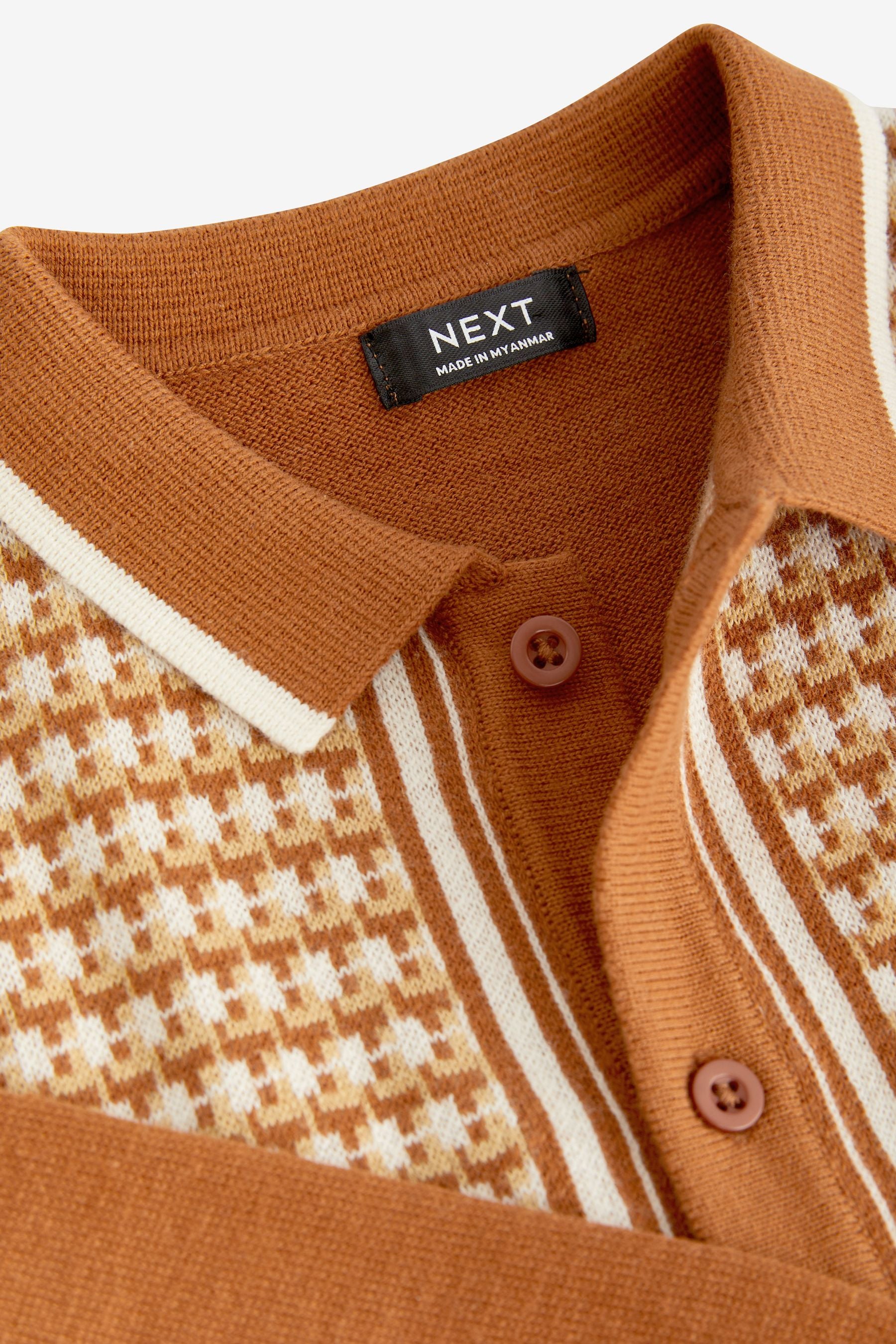 Rust Brown Geometric Long Sleeve Patterned Knit Polo Shirt (3mths-7yrs)