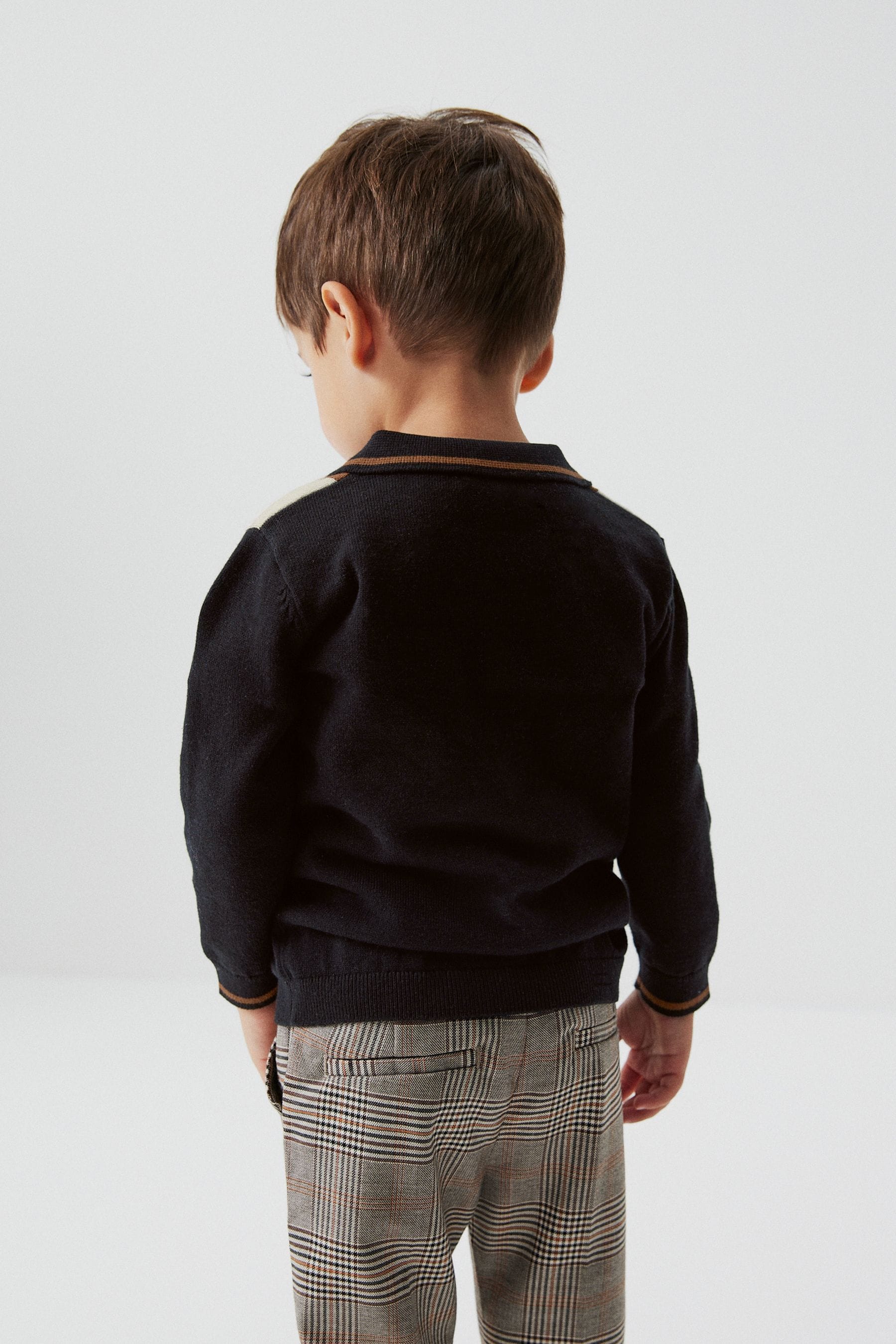 Black/Tan Brown Colourblock Long Sleeve Patterned Knit Polo Shirt (3mths-7yrs)