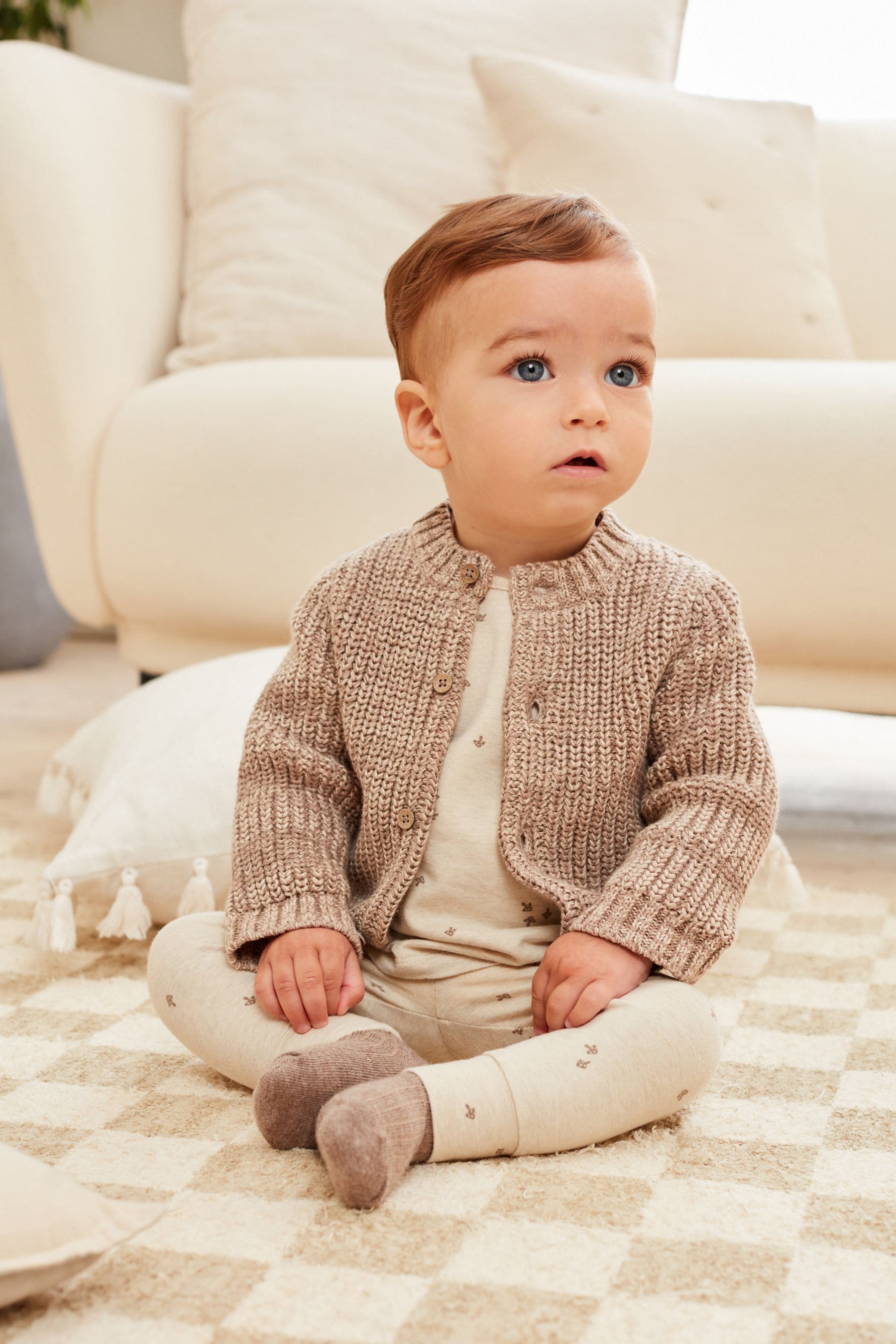 Brown 100% Cotton Chunky Knitted Embroidered Baby Cardigan