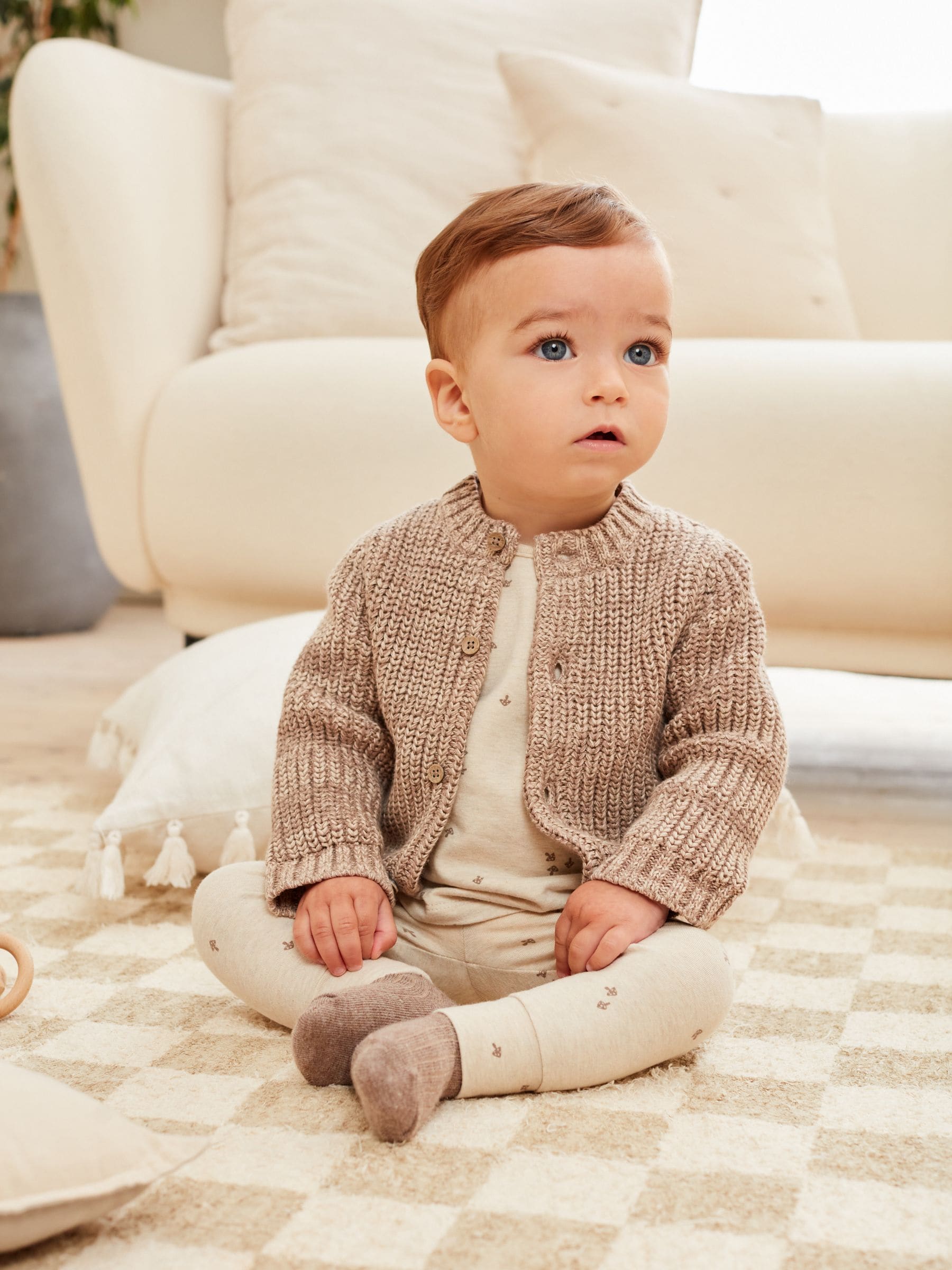 Brown 100% Cotton Chunky Knitted Embroidered Baby Cardigan