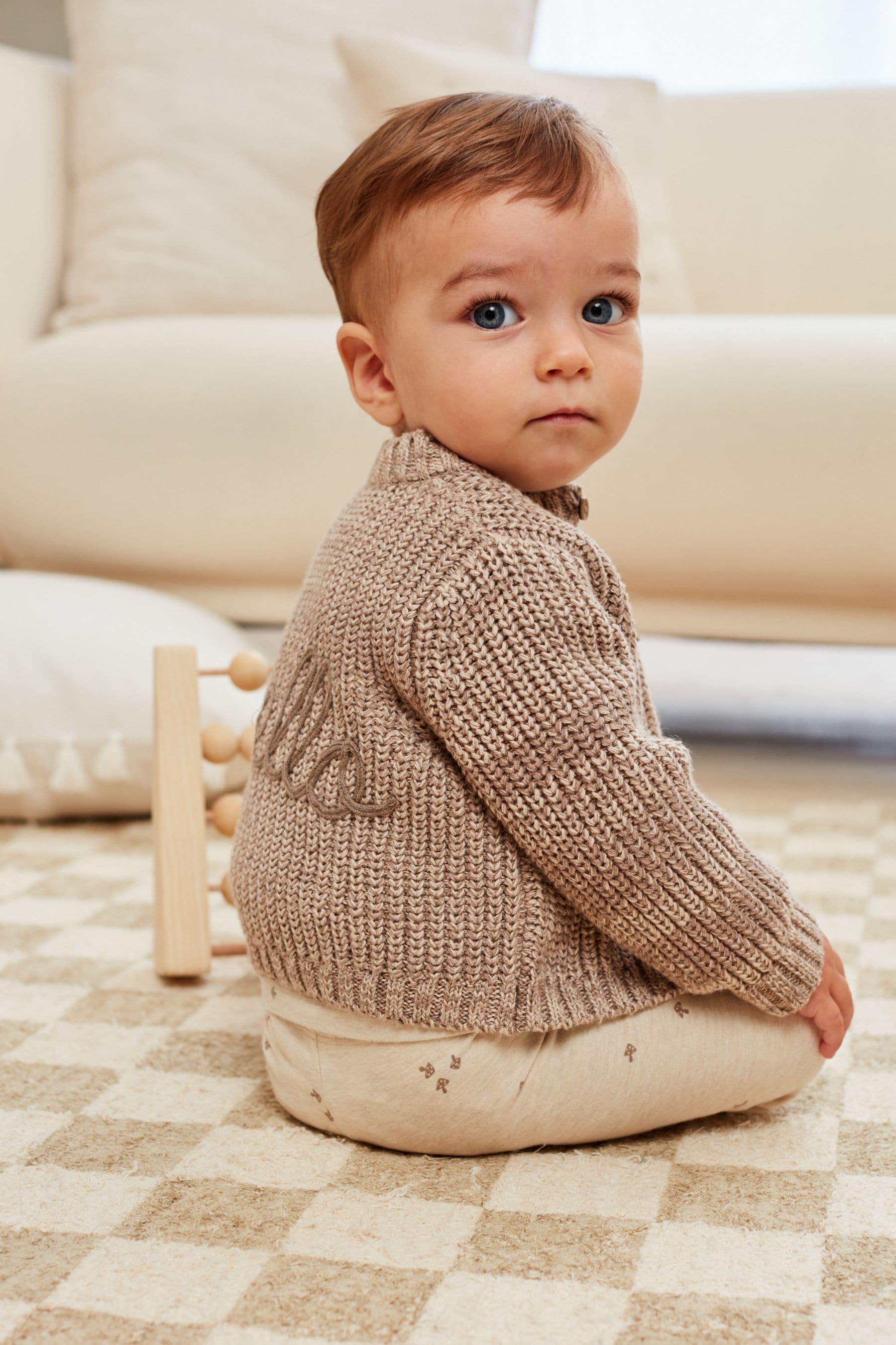 Brown 100% Cotton Chunky Knitted Embroidered Baby Cardigan