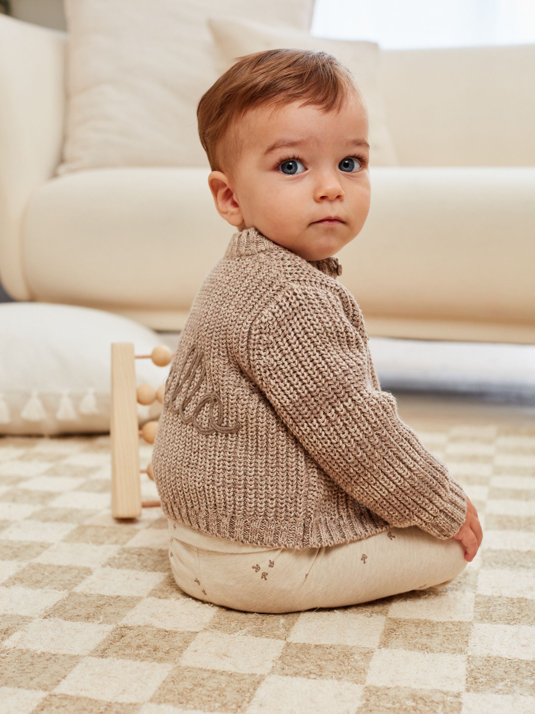 Brown 100% Cotton Chunky Knitted Embroidered Baby Cardigan