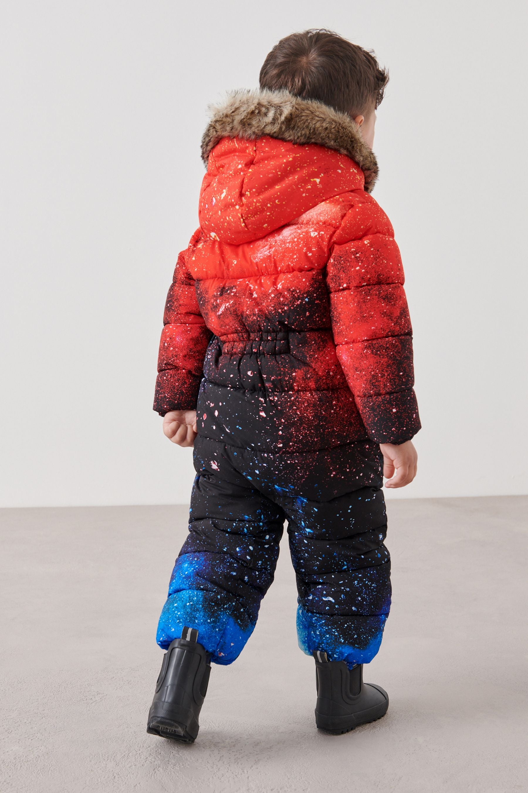 Red Galaxy Print Snowsuit With Faux Fur Hood Trim (3mths-7yrs)