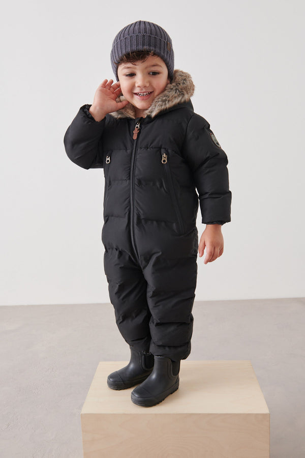 Black Snowsuit With Faux Fur Hood Trim (3mths-7yrs)