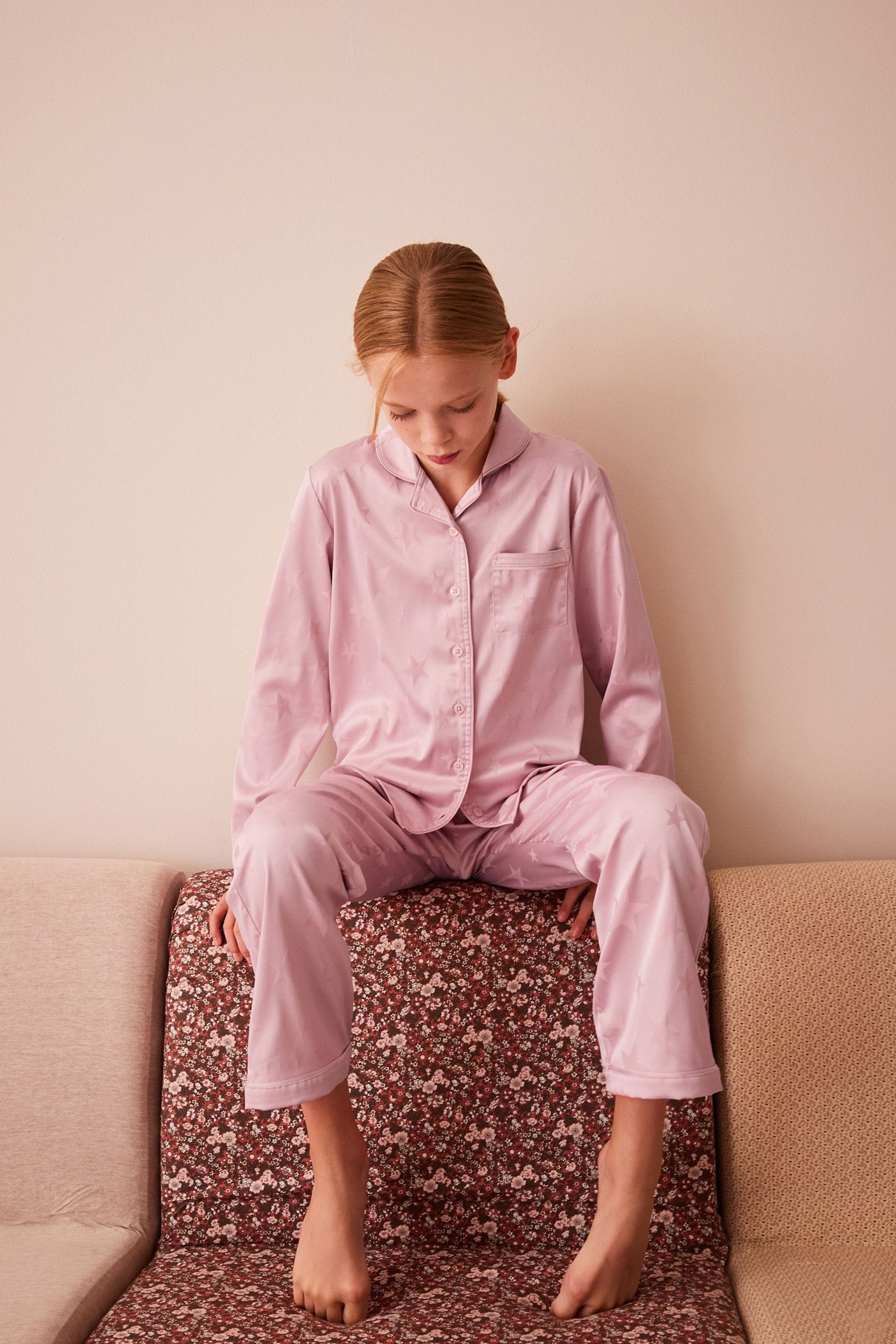 Pink Star Satin Button Through Pyjamas (3-16yrs)