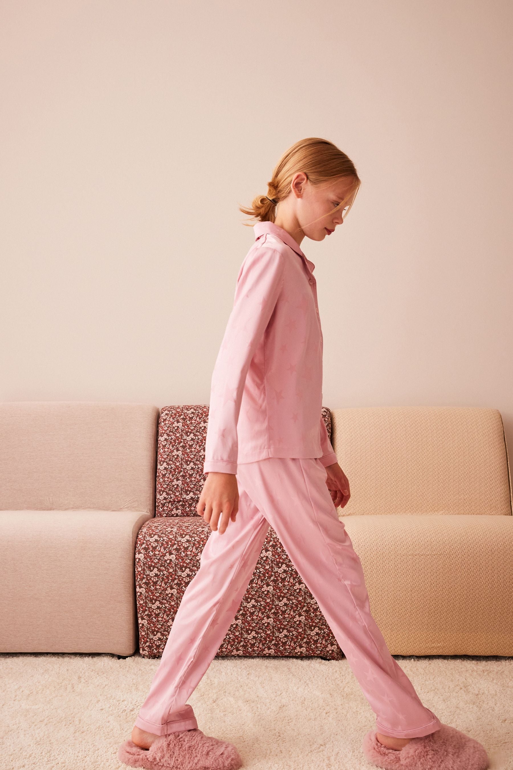 Pink Star Satin Button Through Pyjamas (3-16yrs)