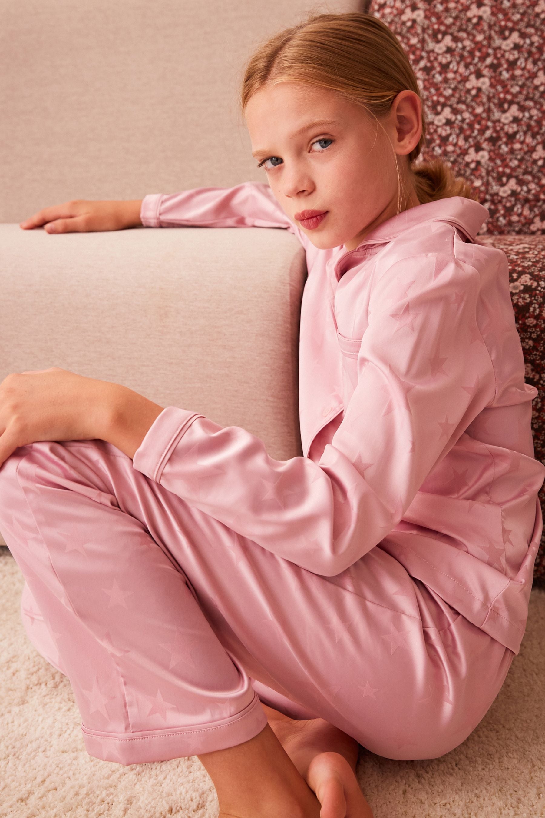 Pink Star Satin Button Through Pyjamas (3-16yrs)