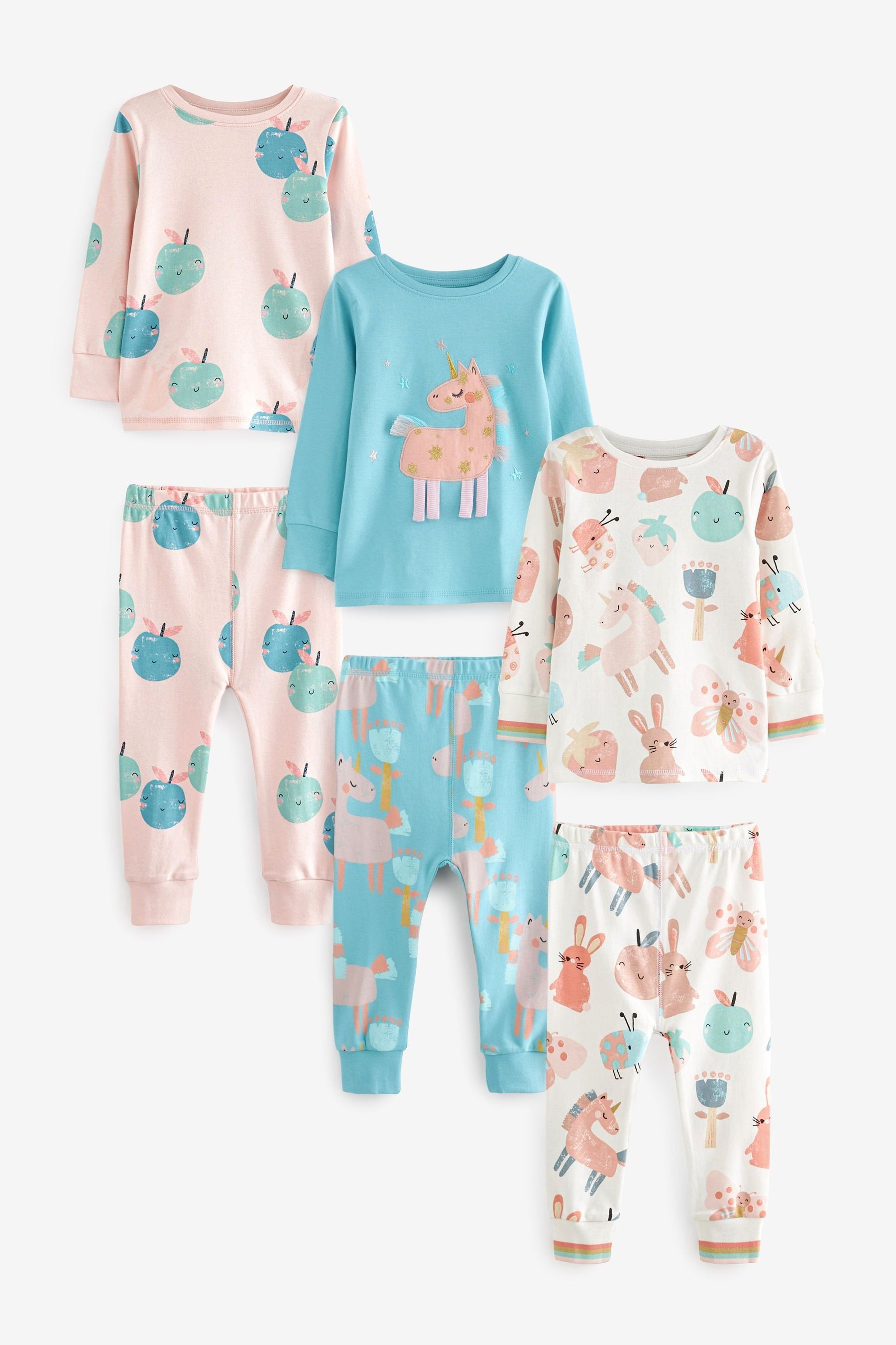 Pink/Blue Unicorn Character 3 Pack Long Sleeve Printed Pyjamas (9mths-12yrs)