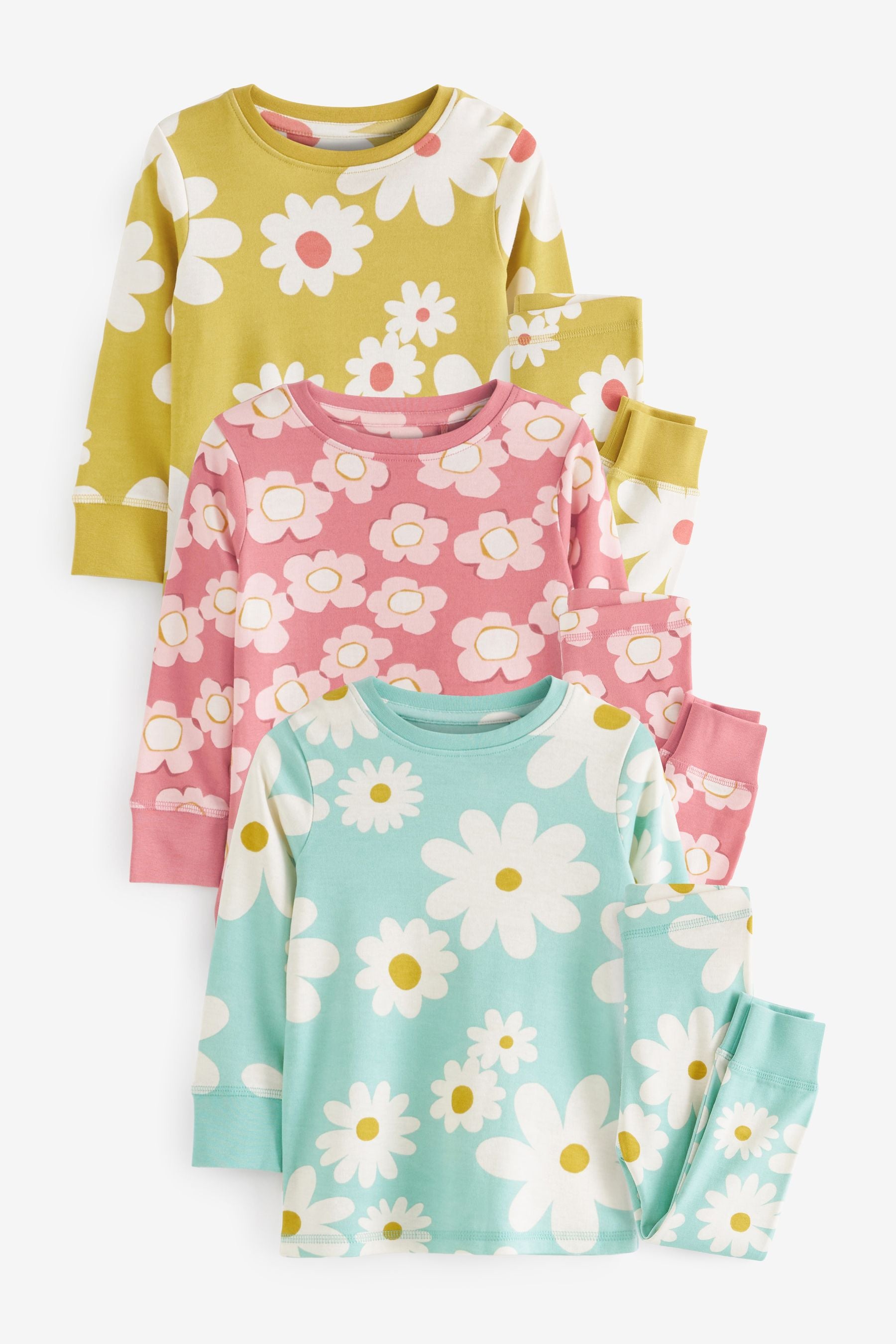 Multicoloured Floral 3 Pack 100% Cotton Long Sleeve Printed Snuggle Pyjamas (9mths-8yrs)