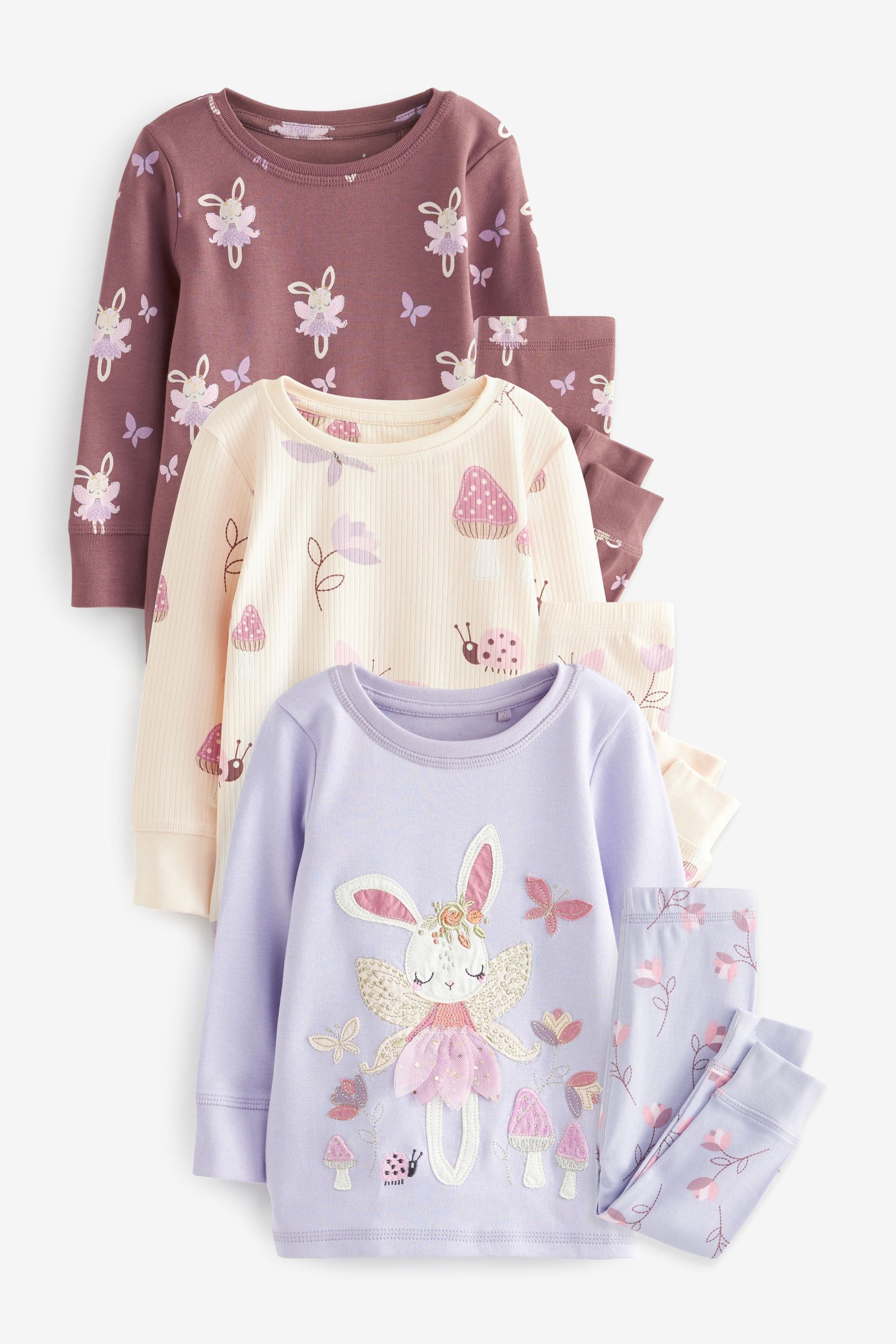 Purple/White Bunny 100% Cotton Long Sleeve Printed Snuggle Pyjamas 3 Pack (9mths-8yrs)