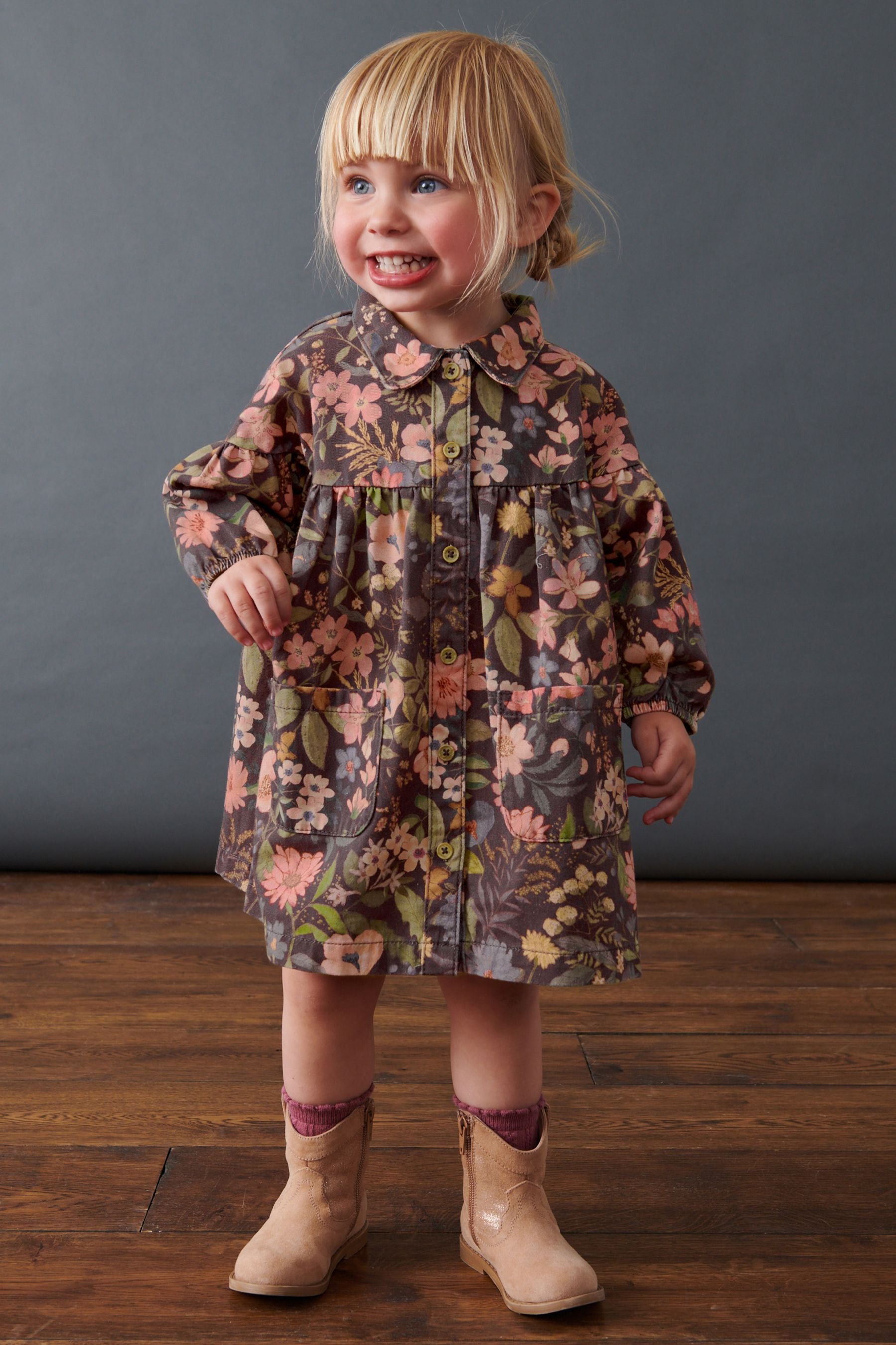 Chocolate Floral Print Cotton Shirt Dress (3mths-8yrs)