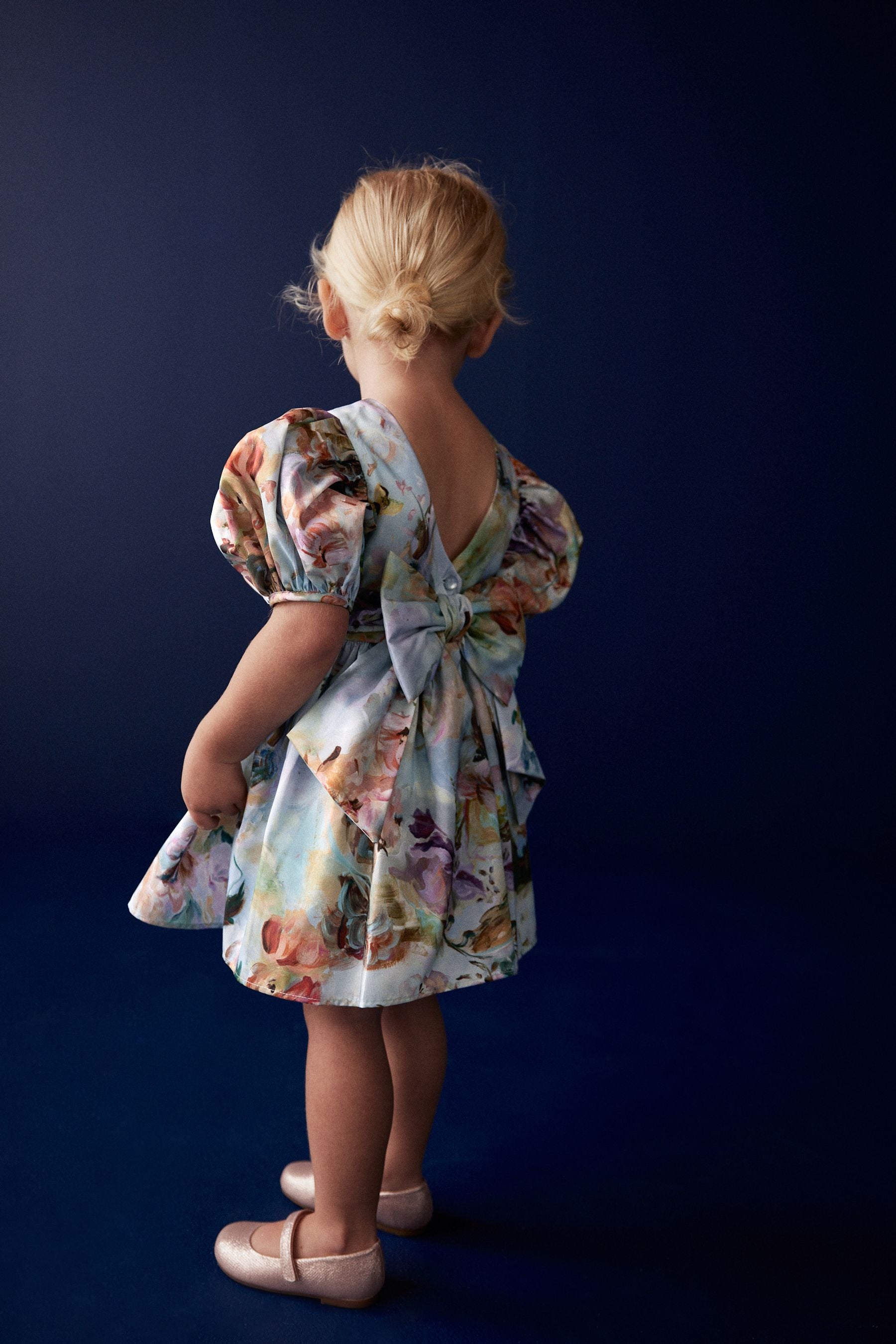 Pale Blue Floral Printed Taffeta Party Dress (3mths-8yrs)