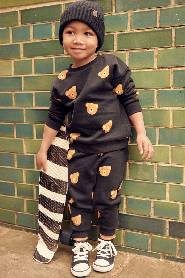 Black Bear All-Over Printed Oversized Sweatshirt and Joggers Set (3mths-7yrs)