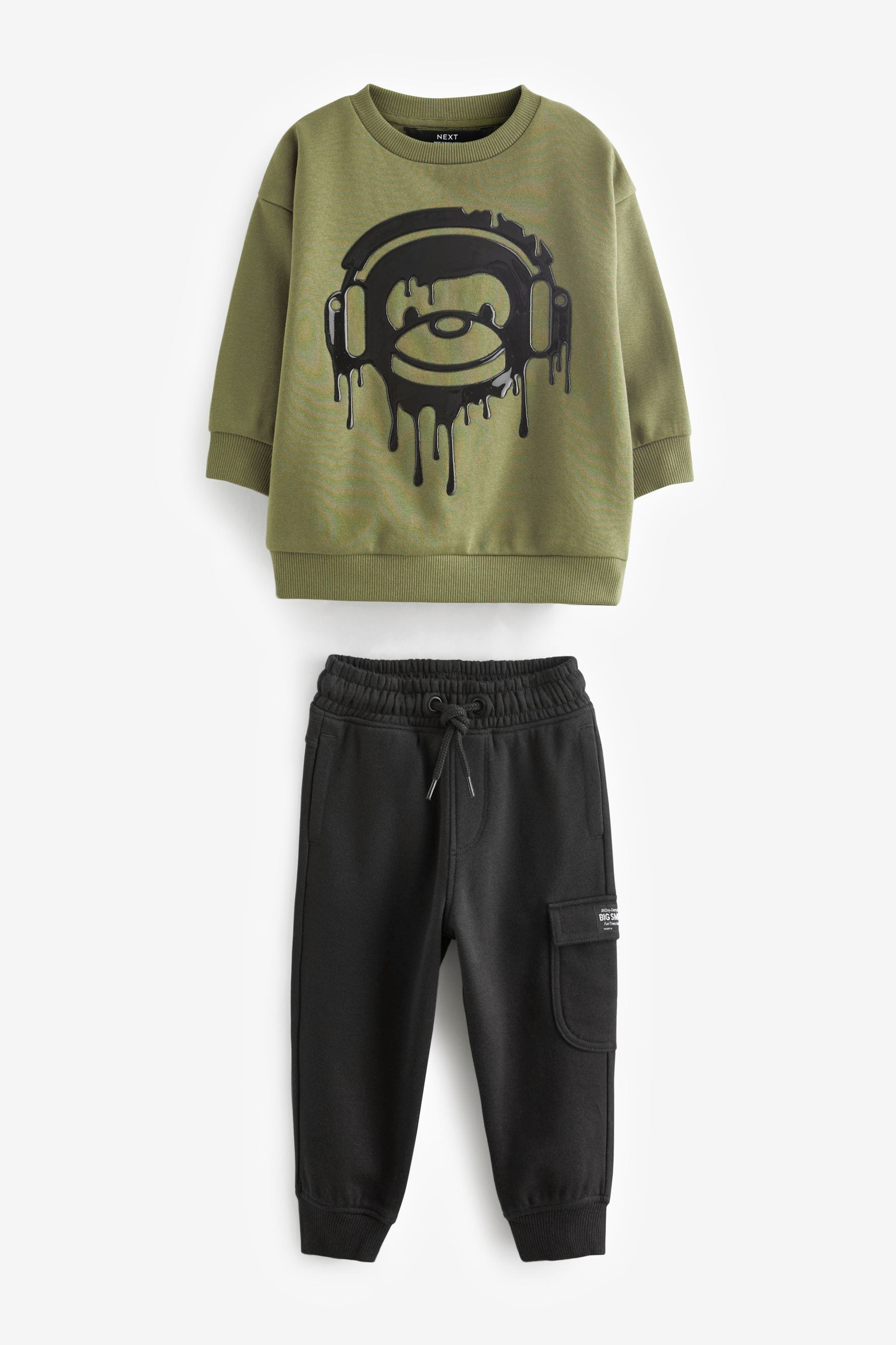 Khaki Green/Black Drippy Monkey Character Sweatshirt and Joggers Set (3mths-7yrs)