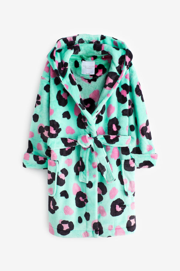 Turquoise Blue Animal Print Fleece Dressing Gown (5-16yrs)