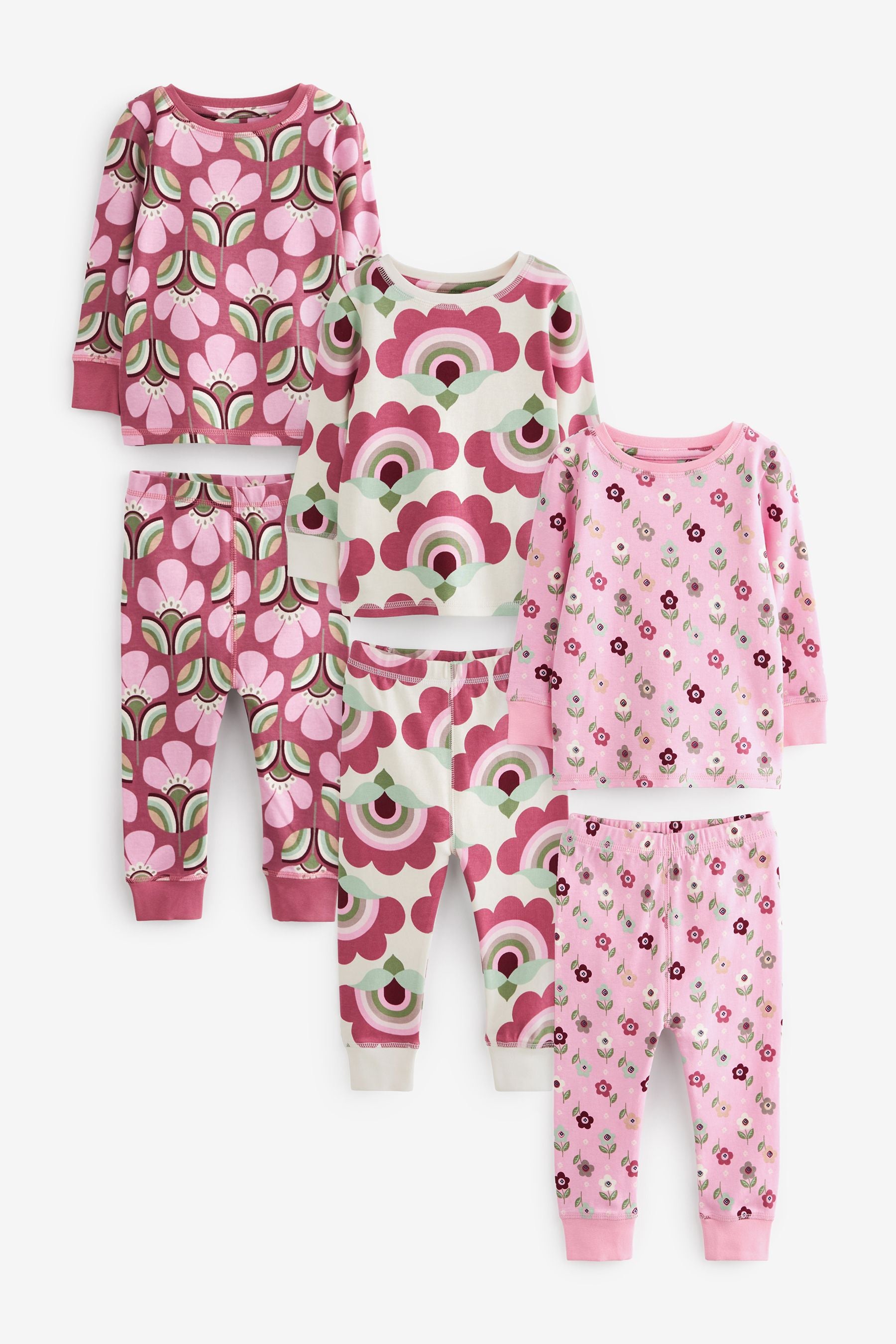 Pink/Cream Retro Print Pyjamas 3 Pack (9mths-12yrs)