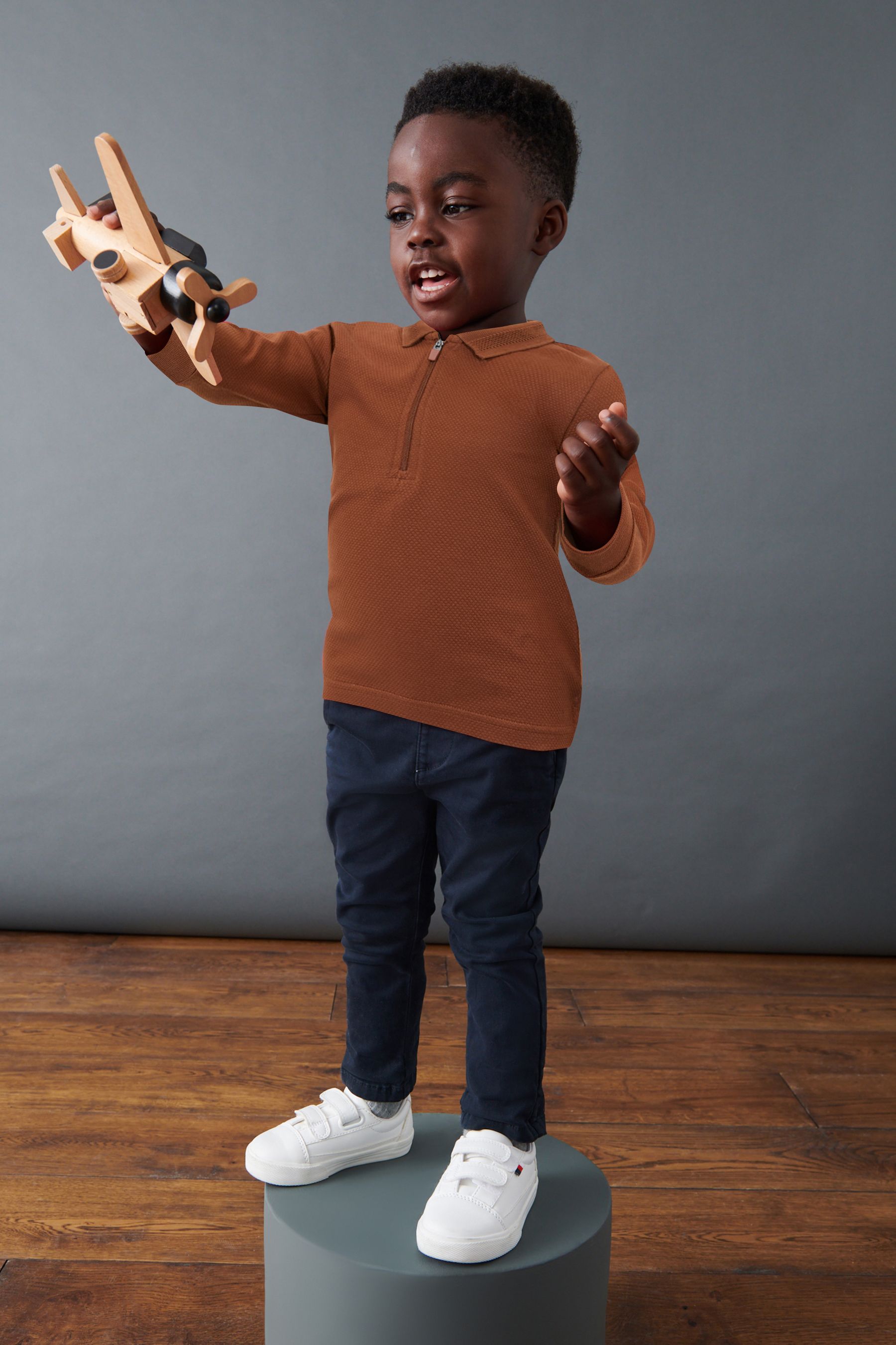 Tan Brown Long Sleeve Textured Zip Polo Shirt (3mths-7yrs)