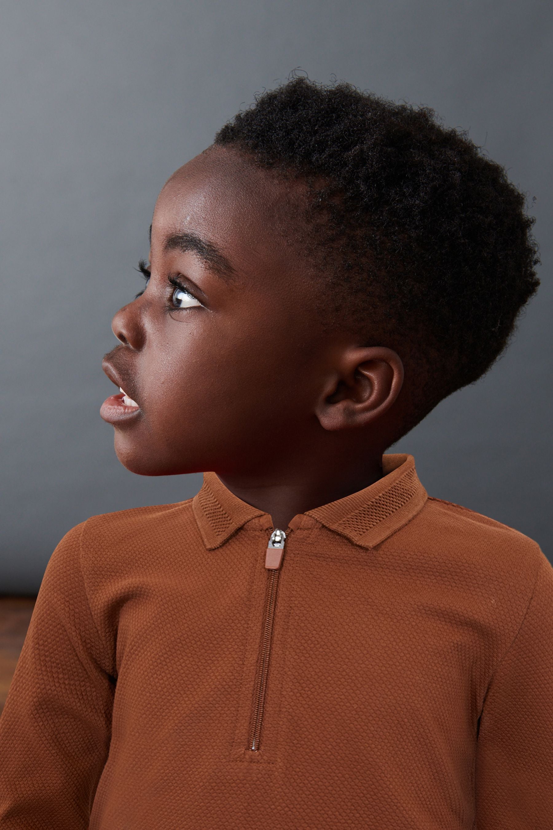 Tan Brown Long Sleeve Textured Zip Polo Shirt (3mths-7yrs)