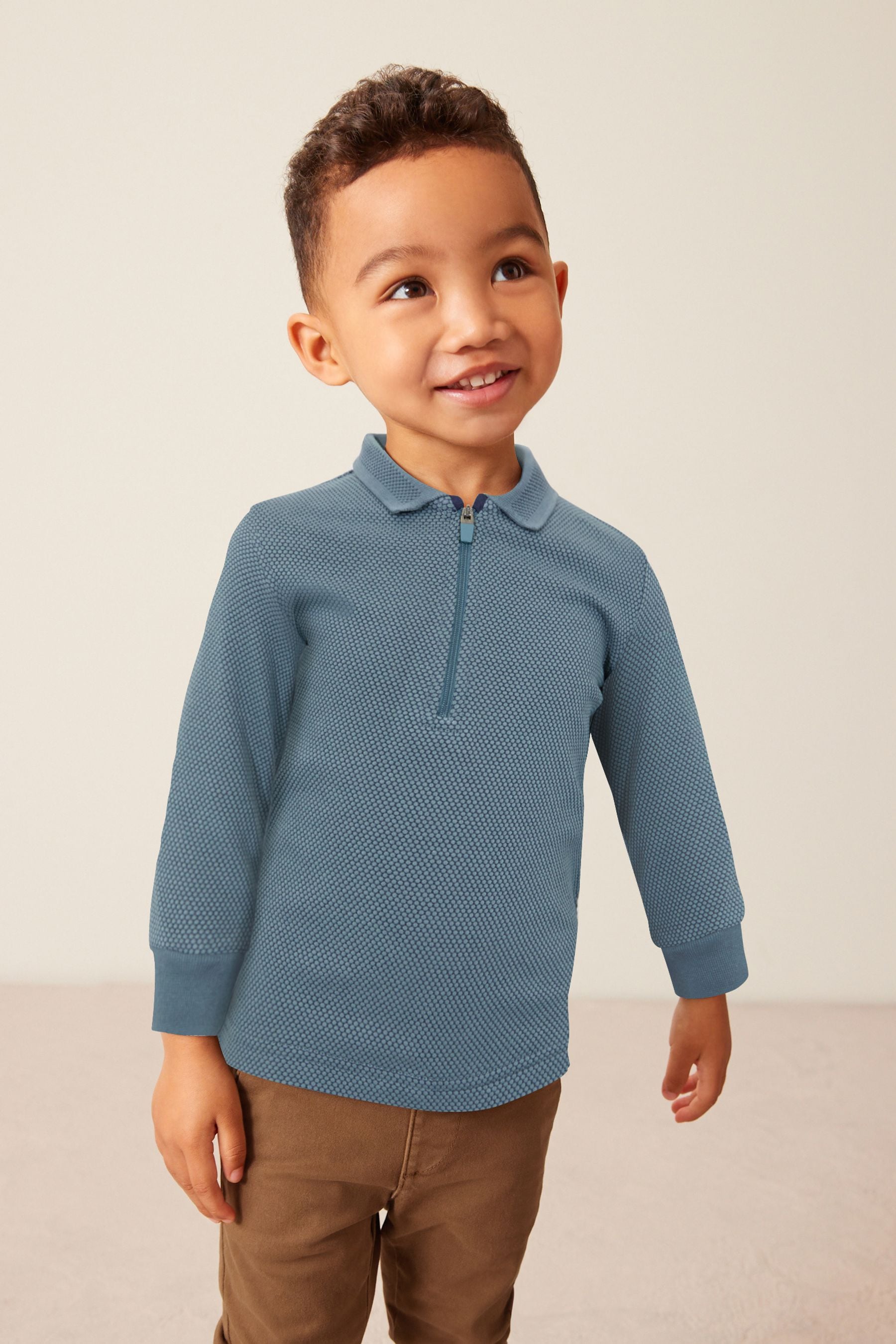 Blue Long Sleeve Textured Zip Polo Shirt (3mths-7yrs)