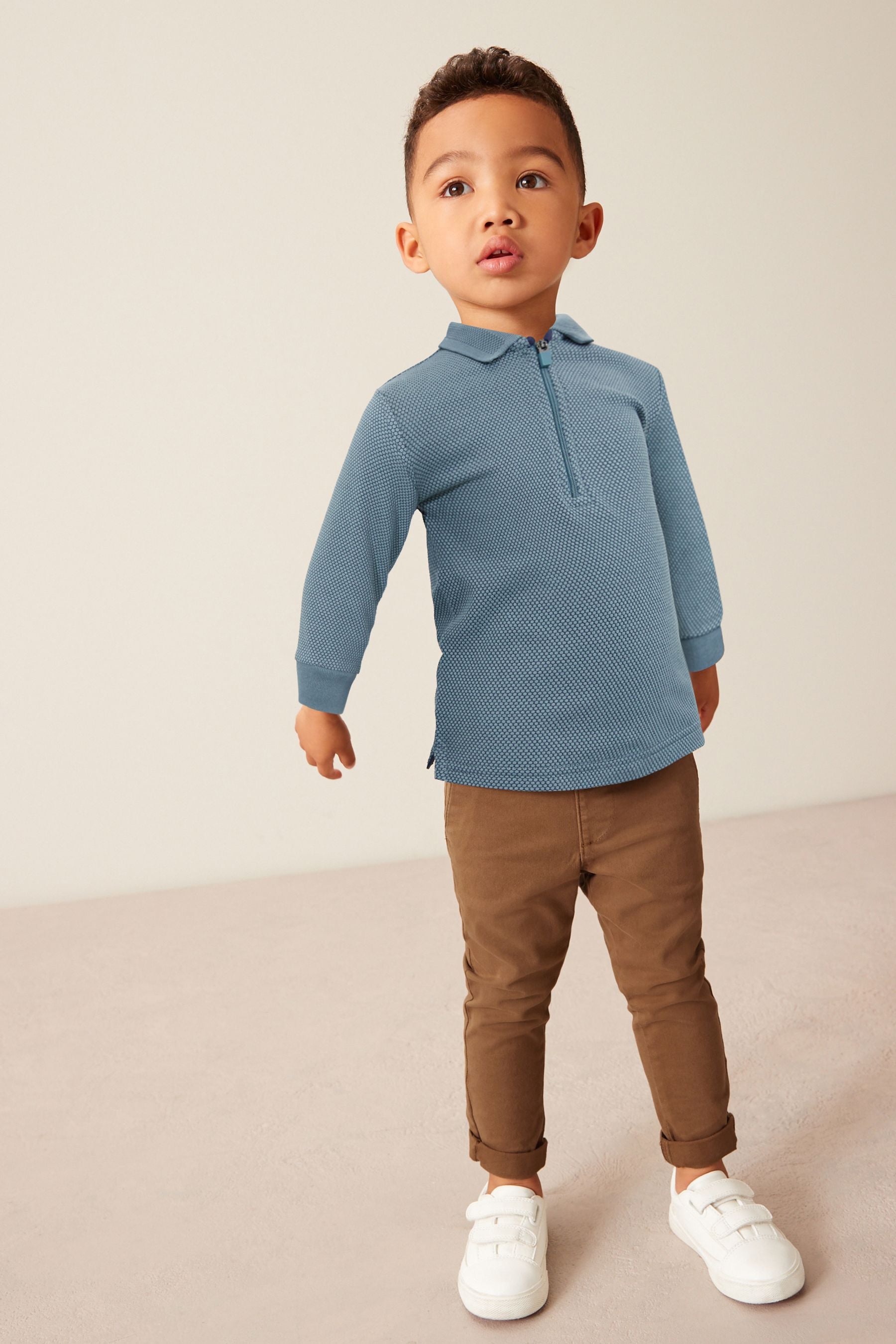 Blue Long Sleeve Textured Zip Polo Shirt (3mths-7yrs)