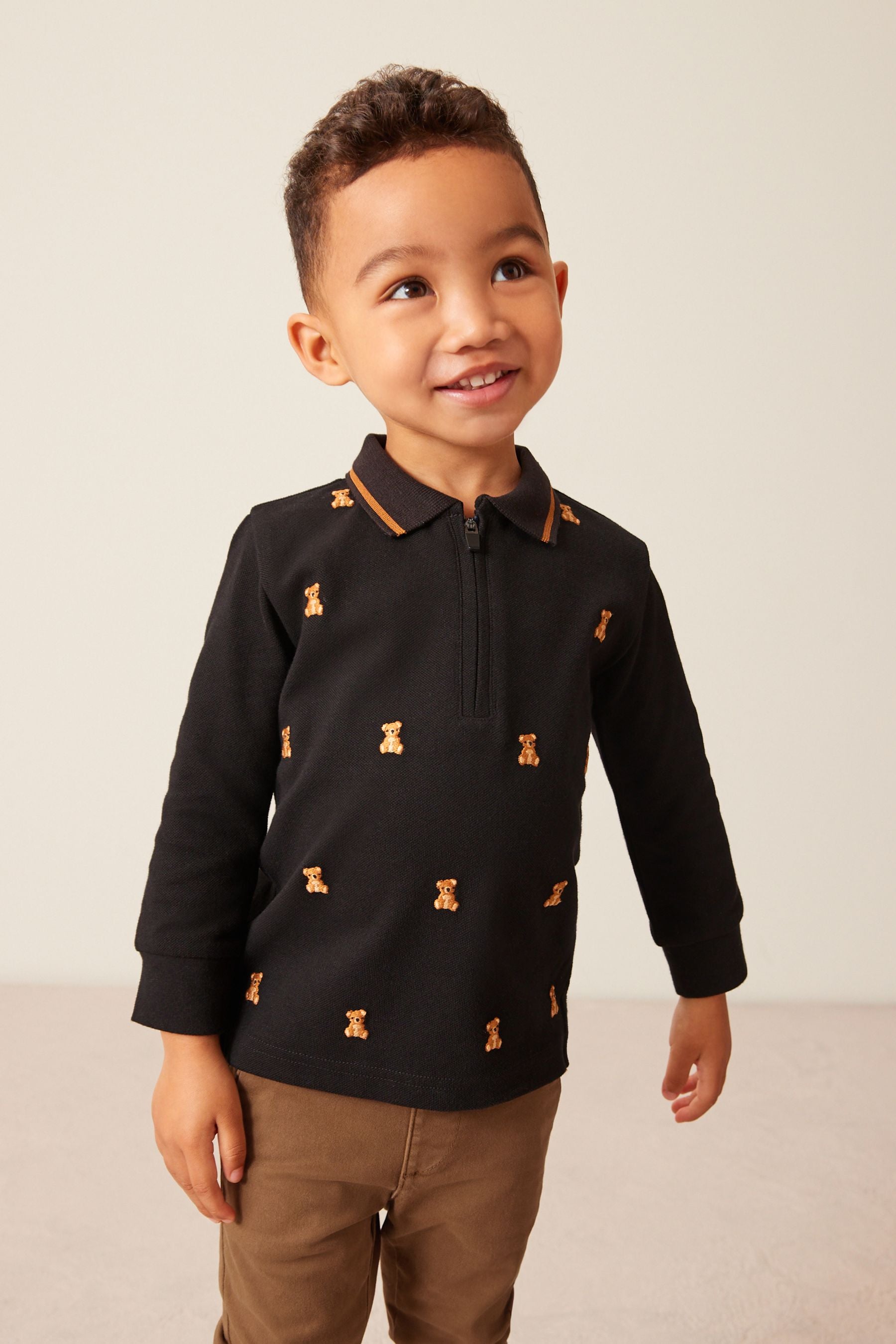 Black Bear Long Sleeve All Over Embroidered Polo Shirt (3mths-7yrs)