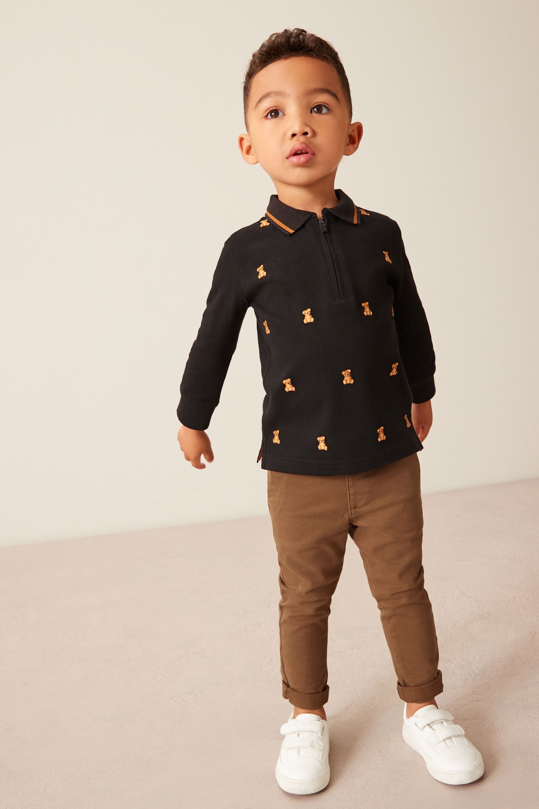 Black Bear Long Sleeve All Over Embroidered Polo Shirt (3mths-7yrs)