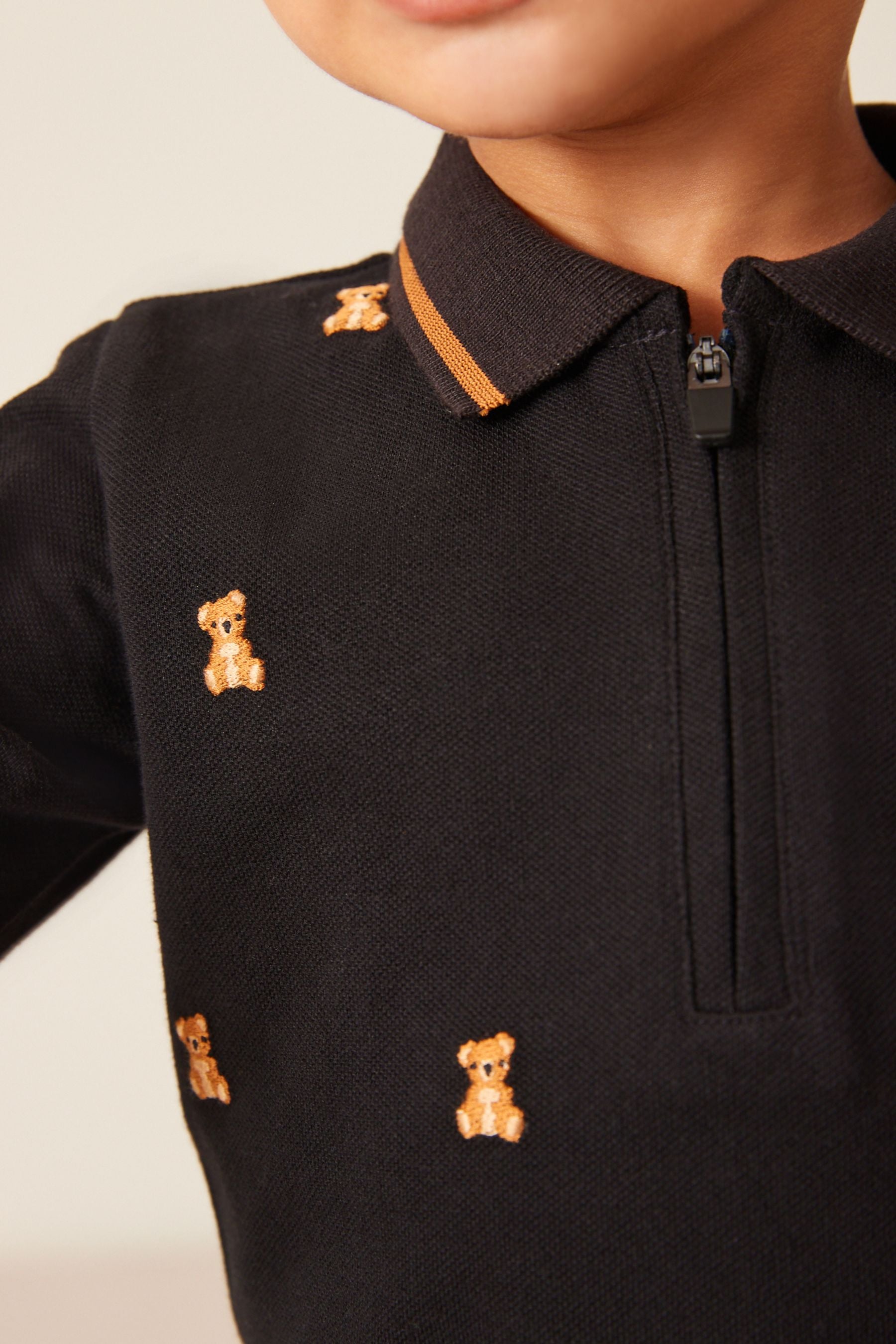 Black Bear Long Sleeve All Over Embroidered Polo Shirt (3mths-7yrs)