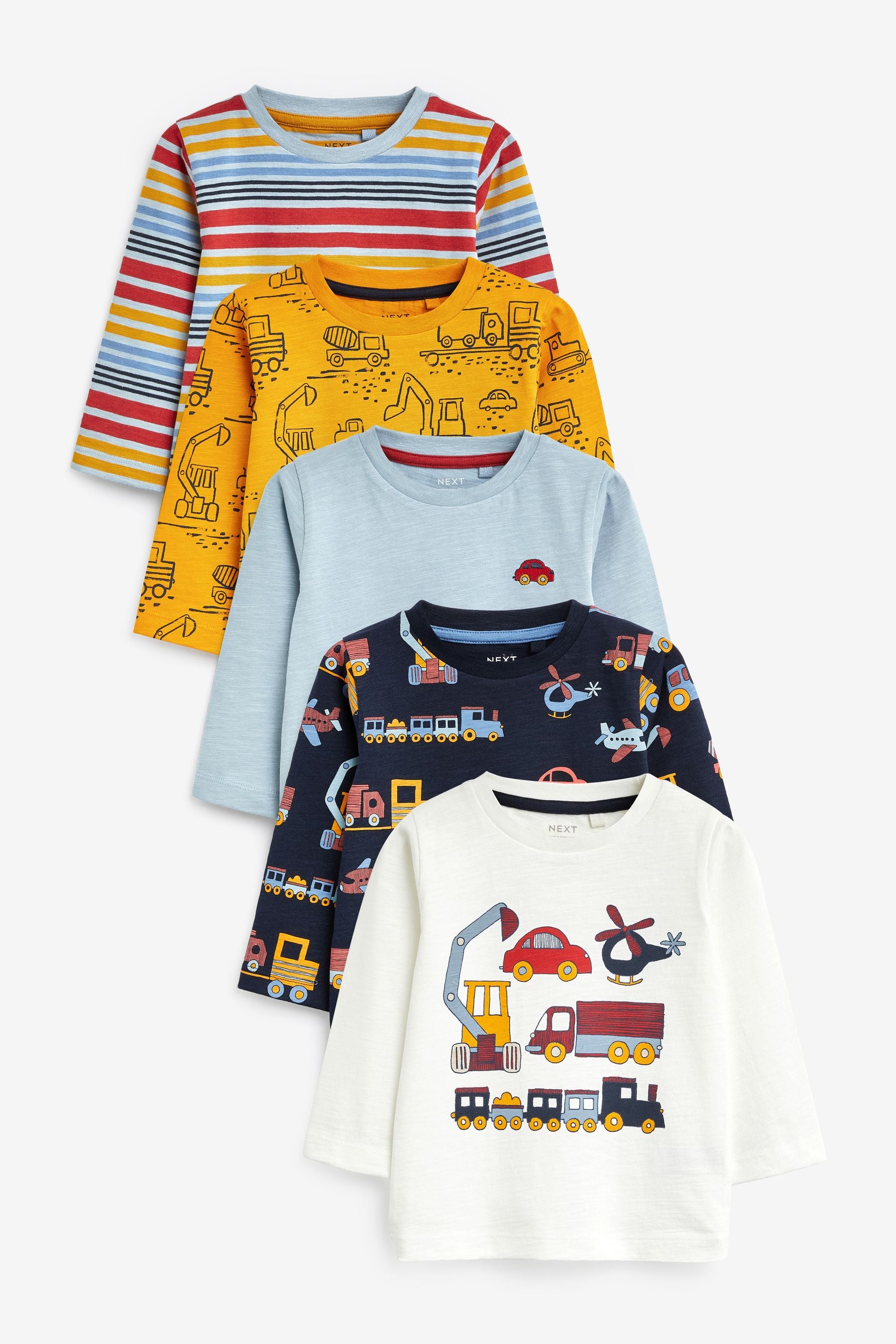 Blue/Yellow Transport Long Sleeve T-Shirts 5 Pack (3mths-7yrs)