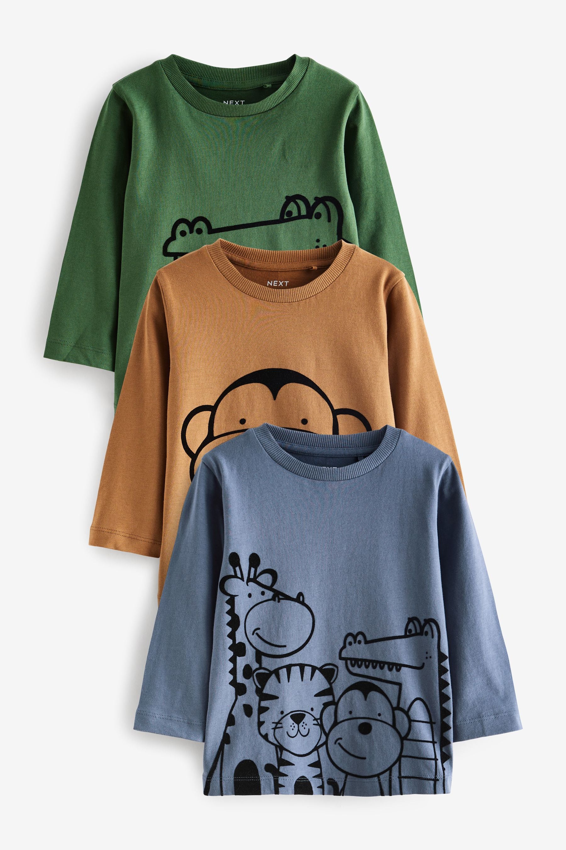 Green/Blue/Yellow Linear Animals Long Sleeve Character 100% Cotton T-Shirts 3 Pack (3mths-7yrs)