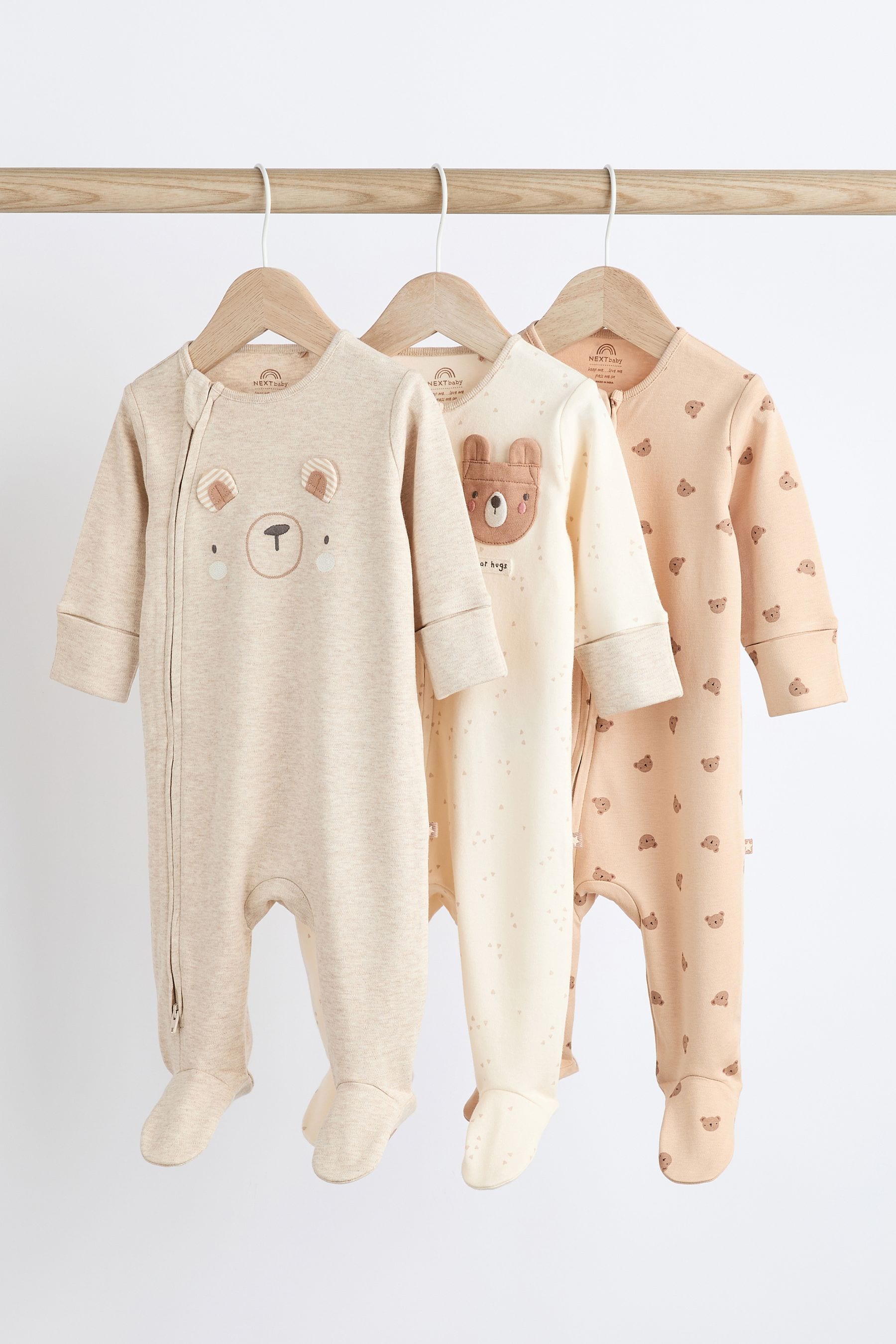 Neutral Baby Two Way Zip 100% Cotton Sleepsuits 3 Pack (0-2yrs)