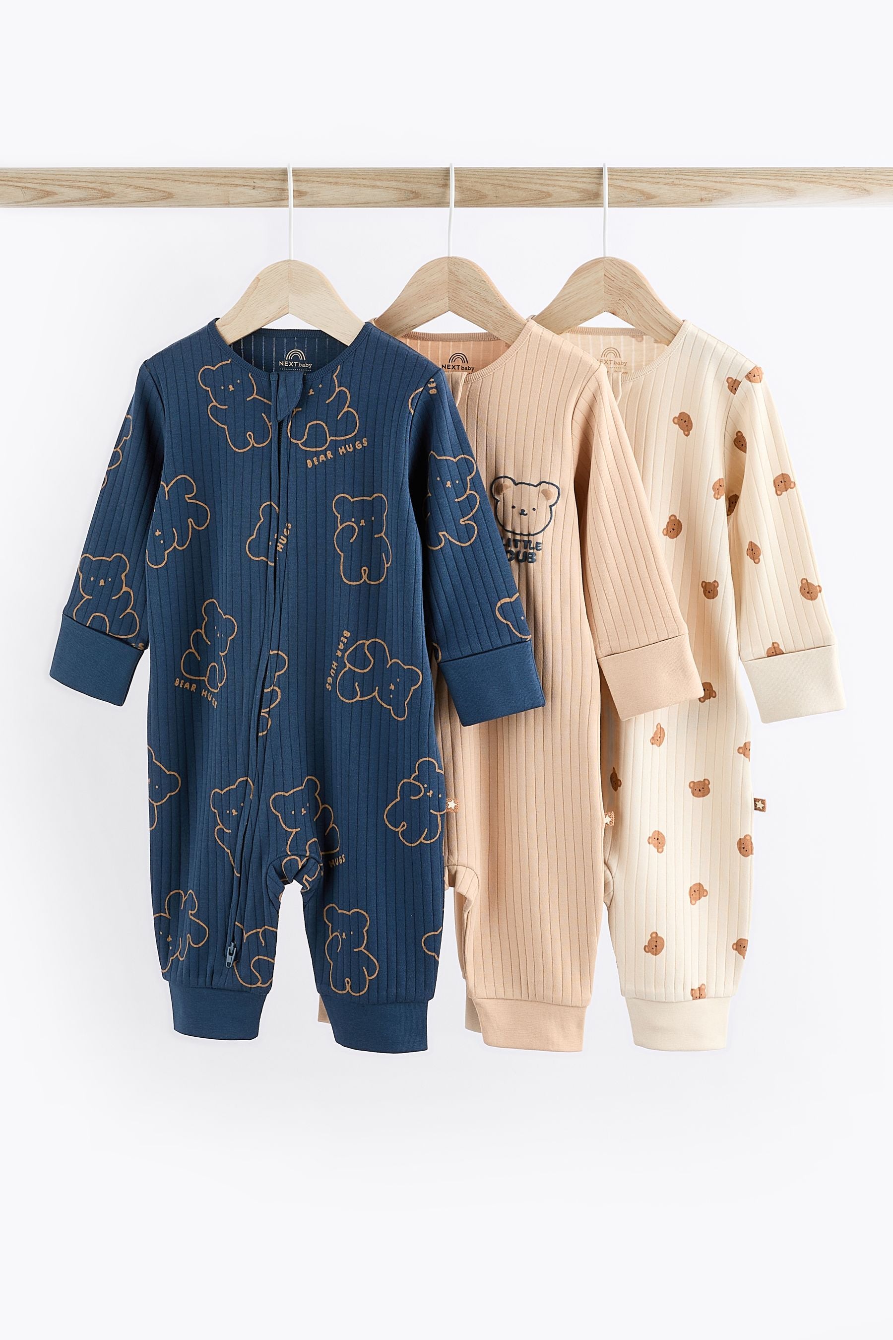 Navy/Tan Bear Footless Zipped Baby Sleepsuits 3 Pack (0mths-3yrs)