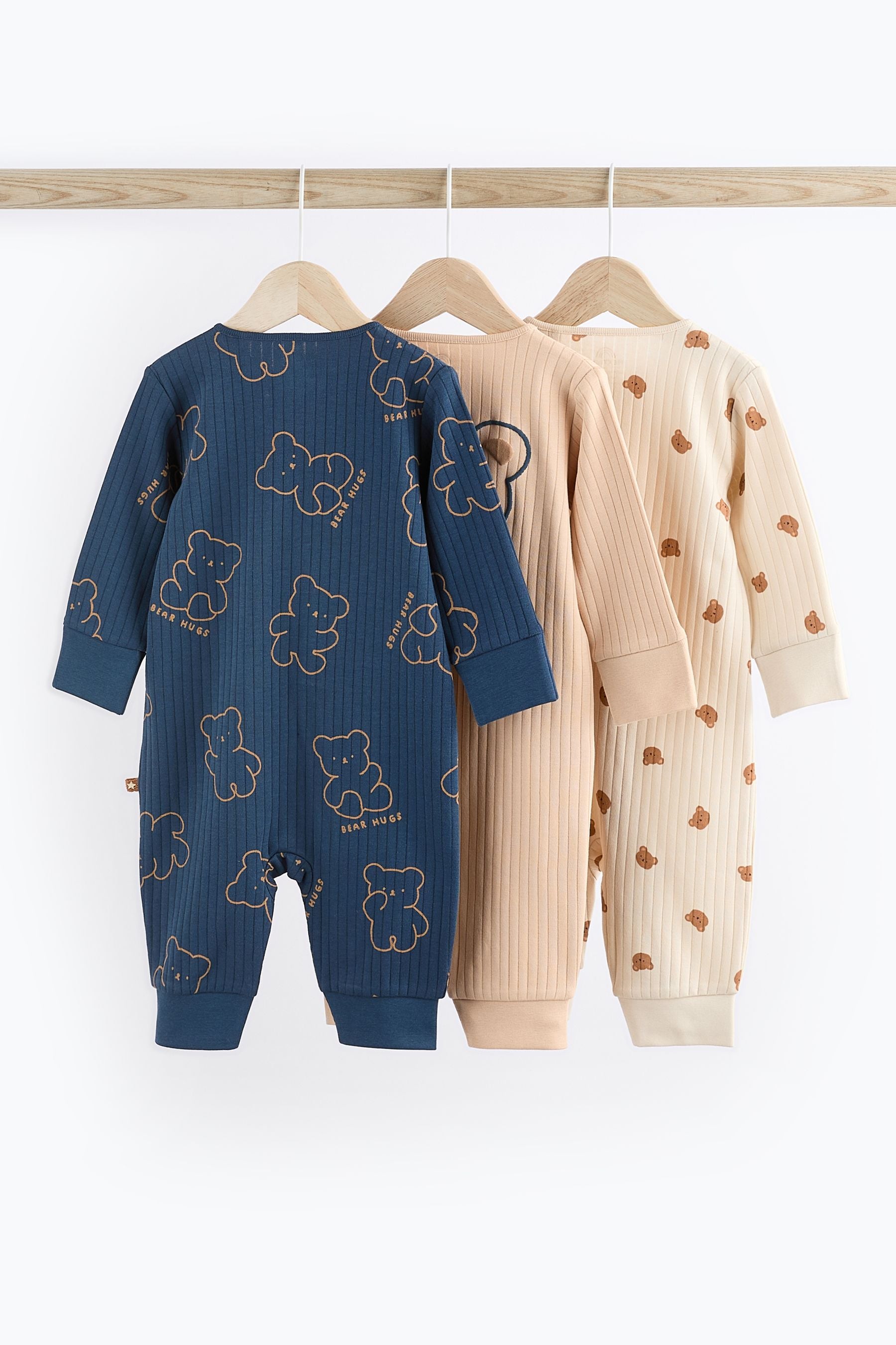 Navy/Tan Bear Footless Zipped Baby Sleepsuits 3 Pack (0mths-3yrs)