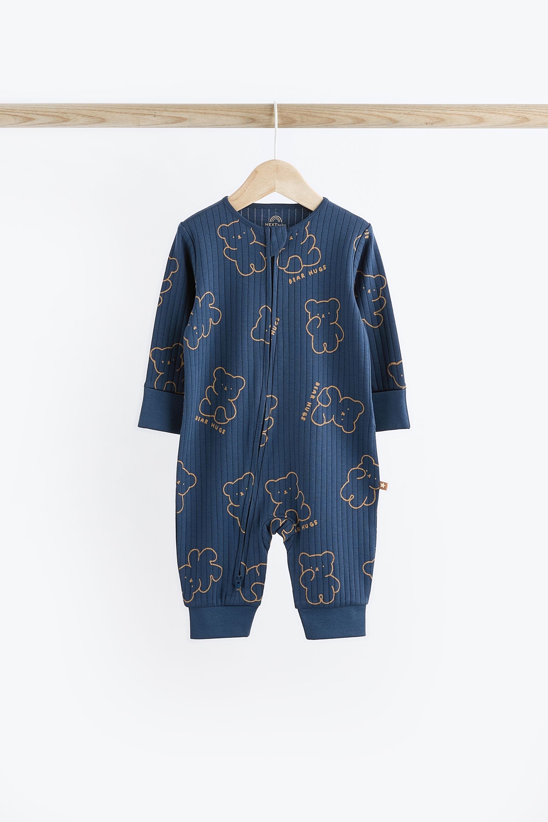 Navy/Tan Bear Footless Zipped Baby Sleepsuits 3 Pack (0mths-3yrs)