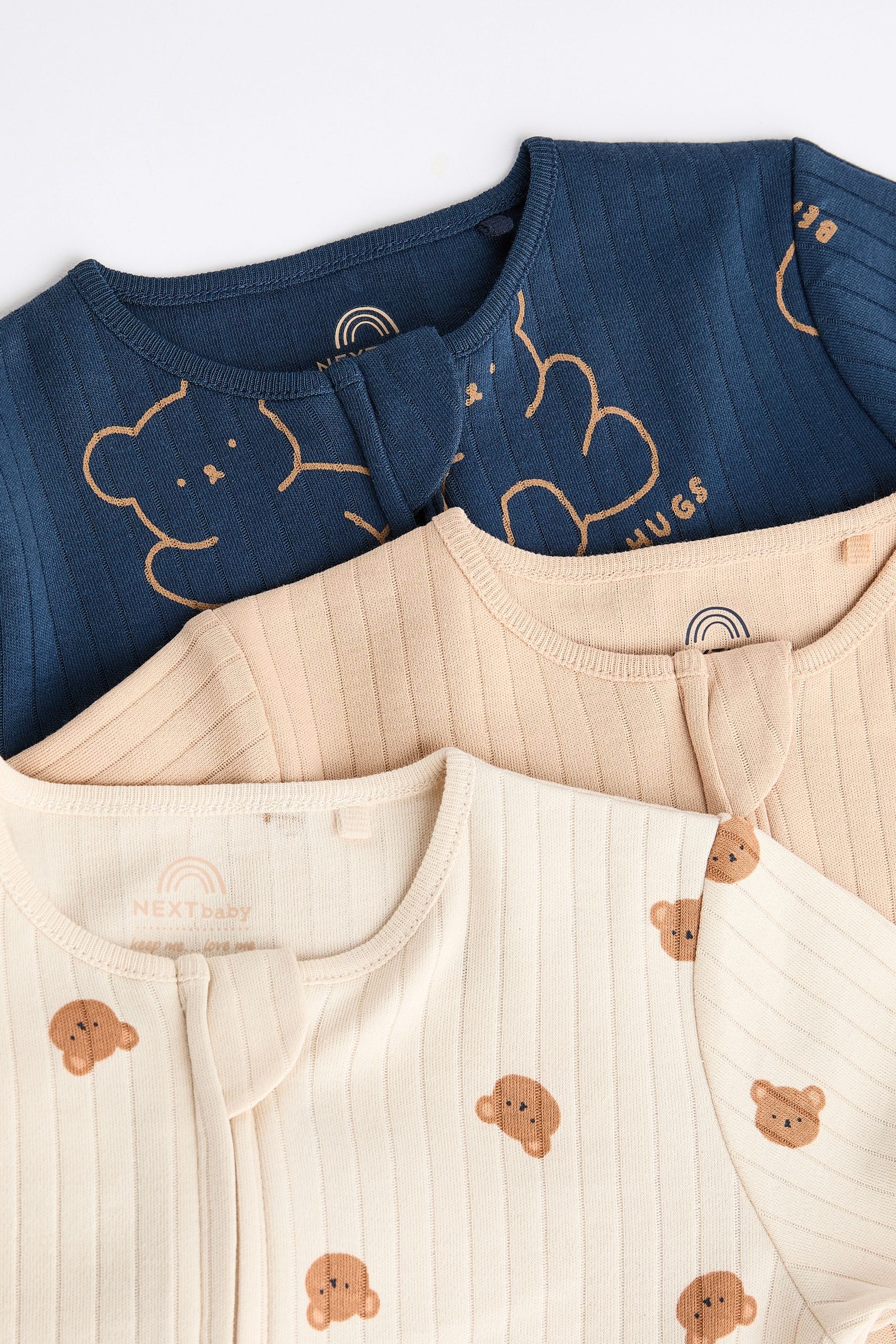 Navy/Tan Bear Footless Zipped Baby Sleepsuits 3 Pack (0mths-3yrs)