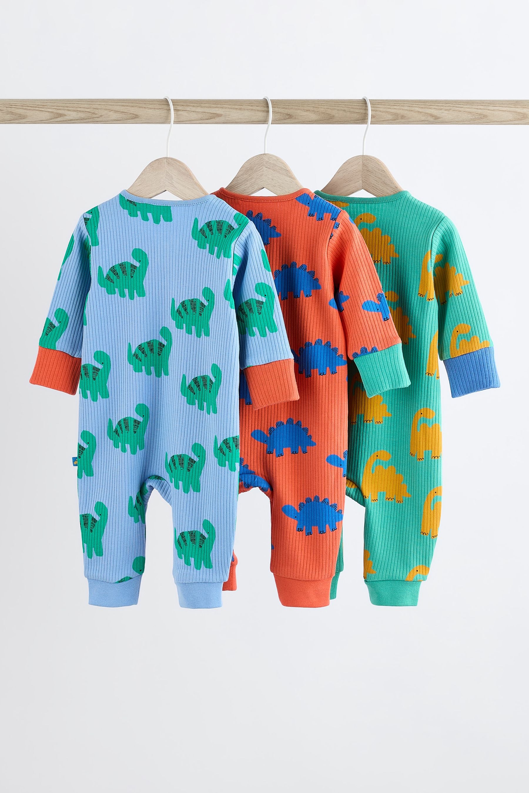 Bright Dino Baby Footless Zip 100% Cotton Sleepsuits 3 Pack (0mths-3yrs)