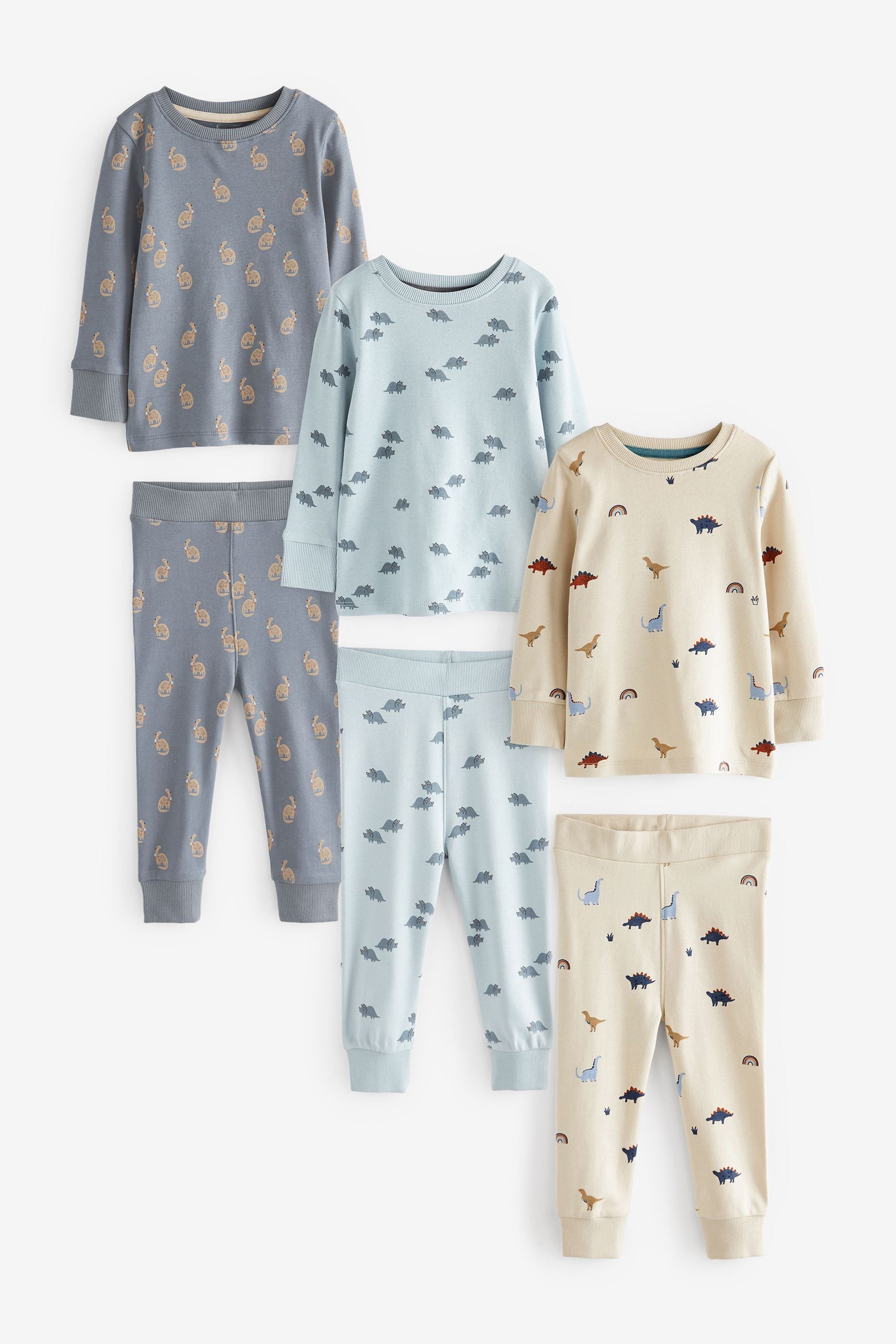 Blue Dinosaur Print 3 Pack Long Sleeve Pyjamas Set (9mths-8yrs)