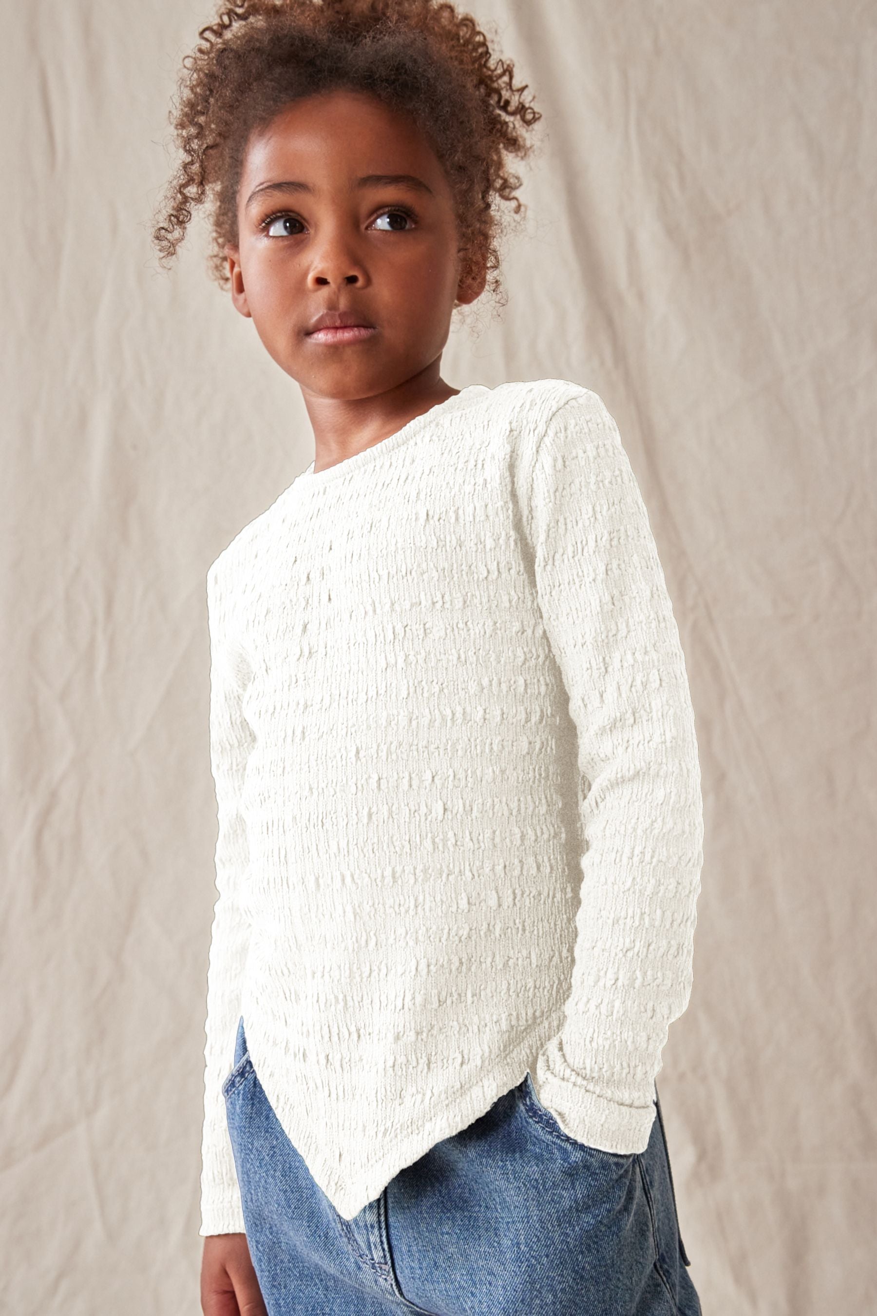 White Textured Hanky Hem Long Sleeve Top (3-16yrs)